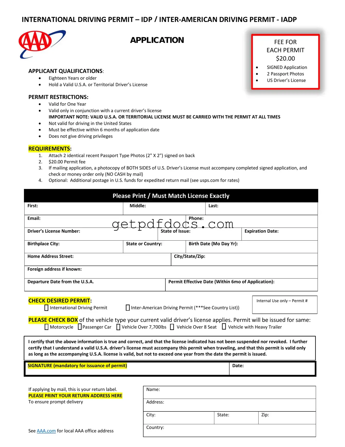 Fill in a Valid Aaa International Driving Permit Application Template