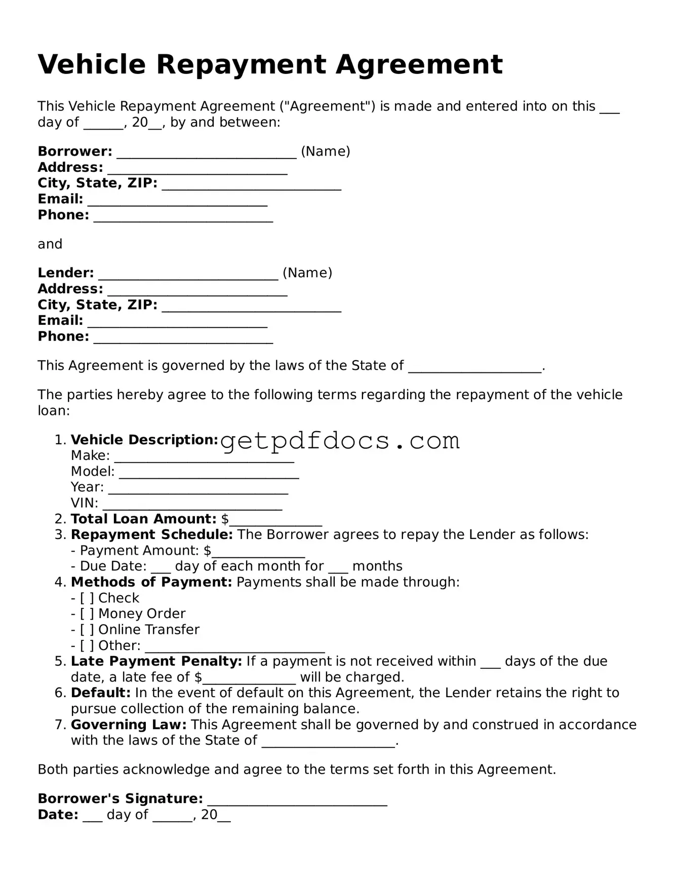 Printable Vehicle Repayment Agreement Template