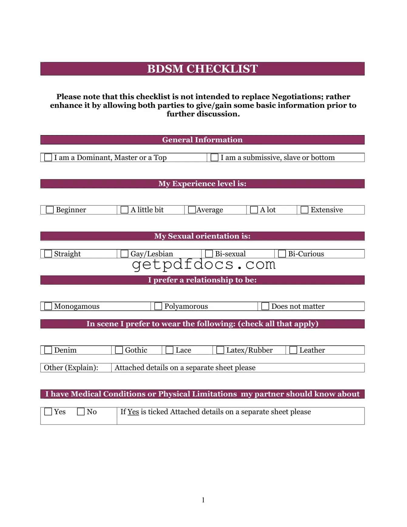 Fill in a Valid Bdsm Checklist Template