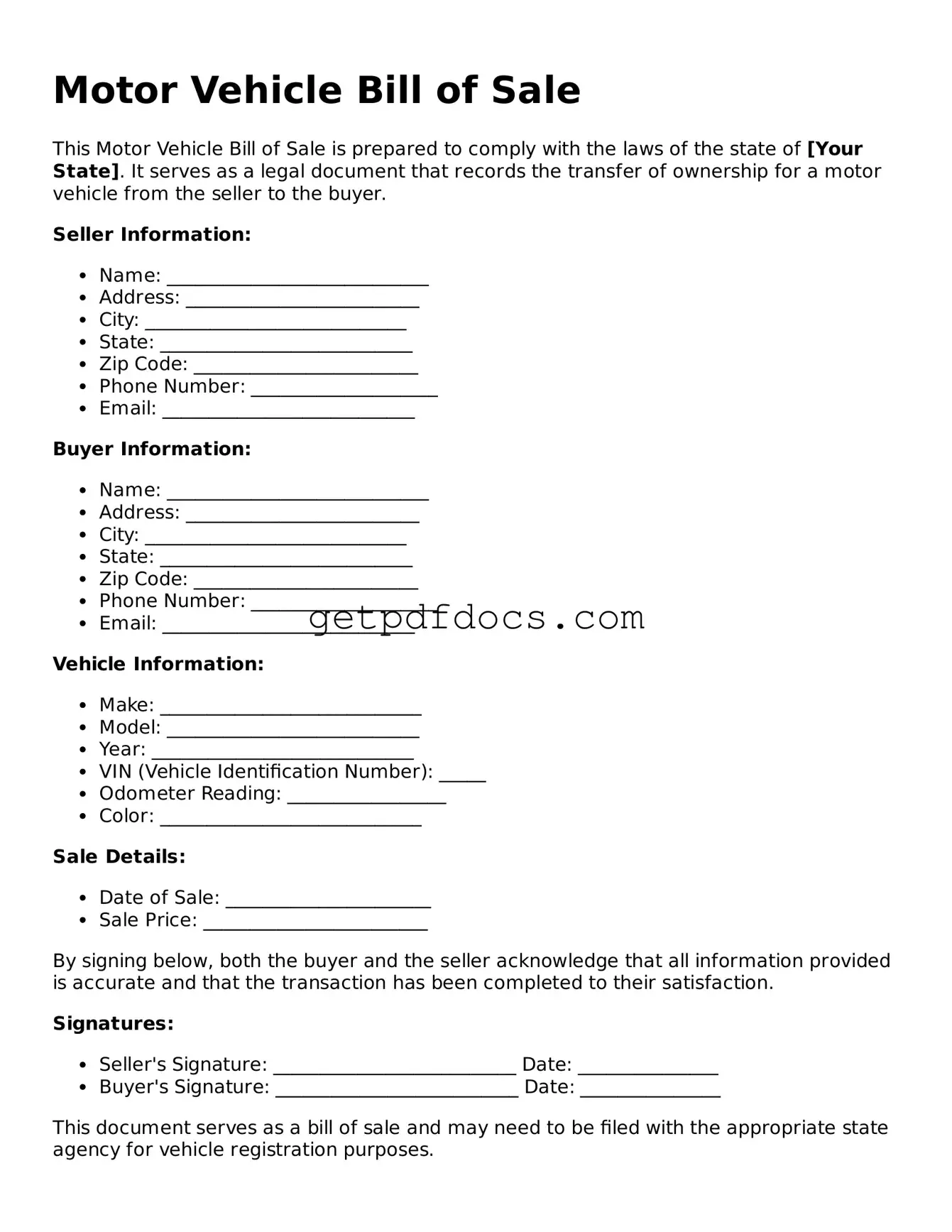 Printable Motor Vehicle Bill of Sale Template