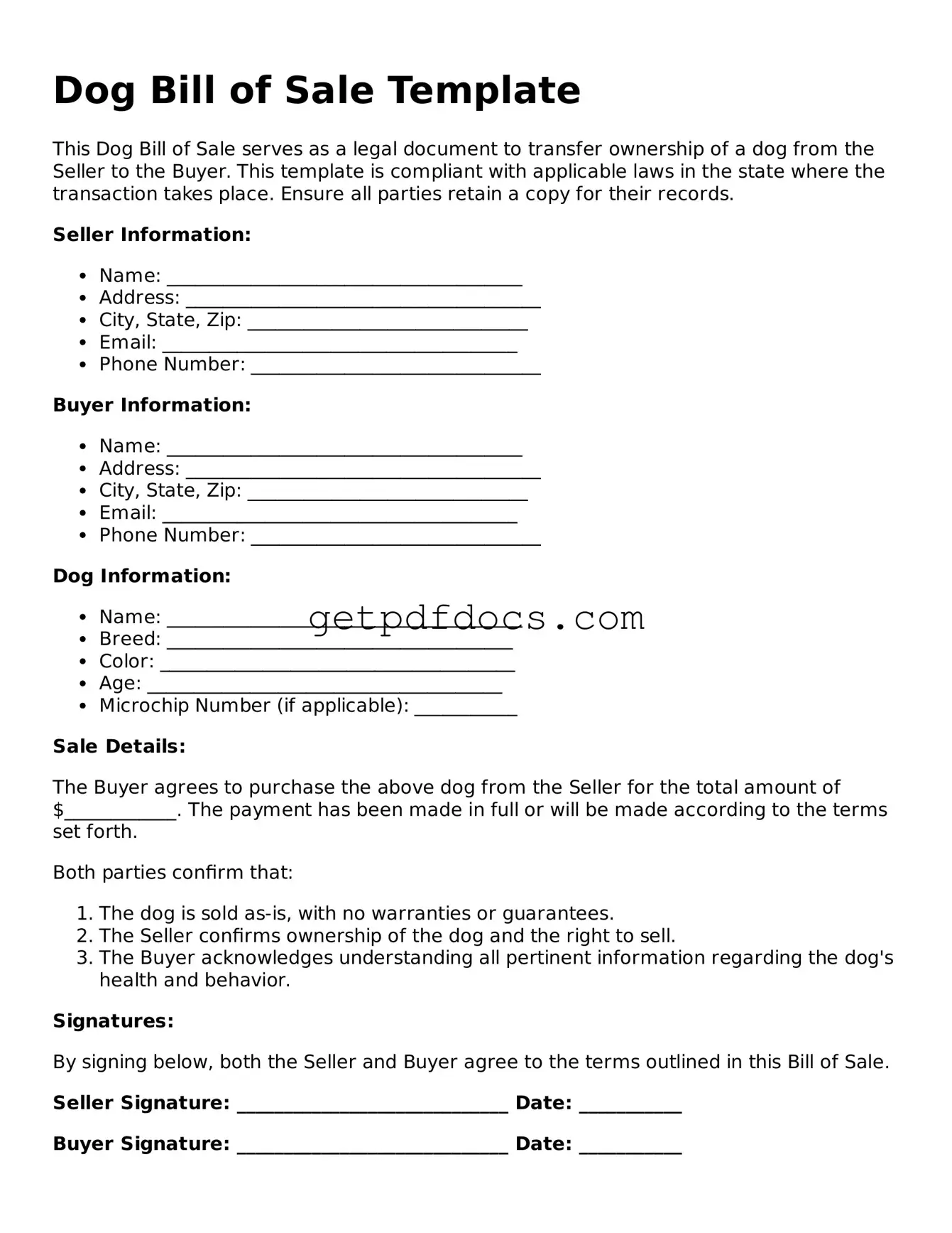 Printable Dog Bill of Sale Template