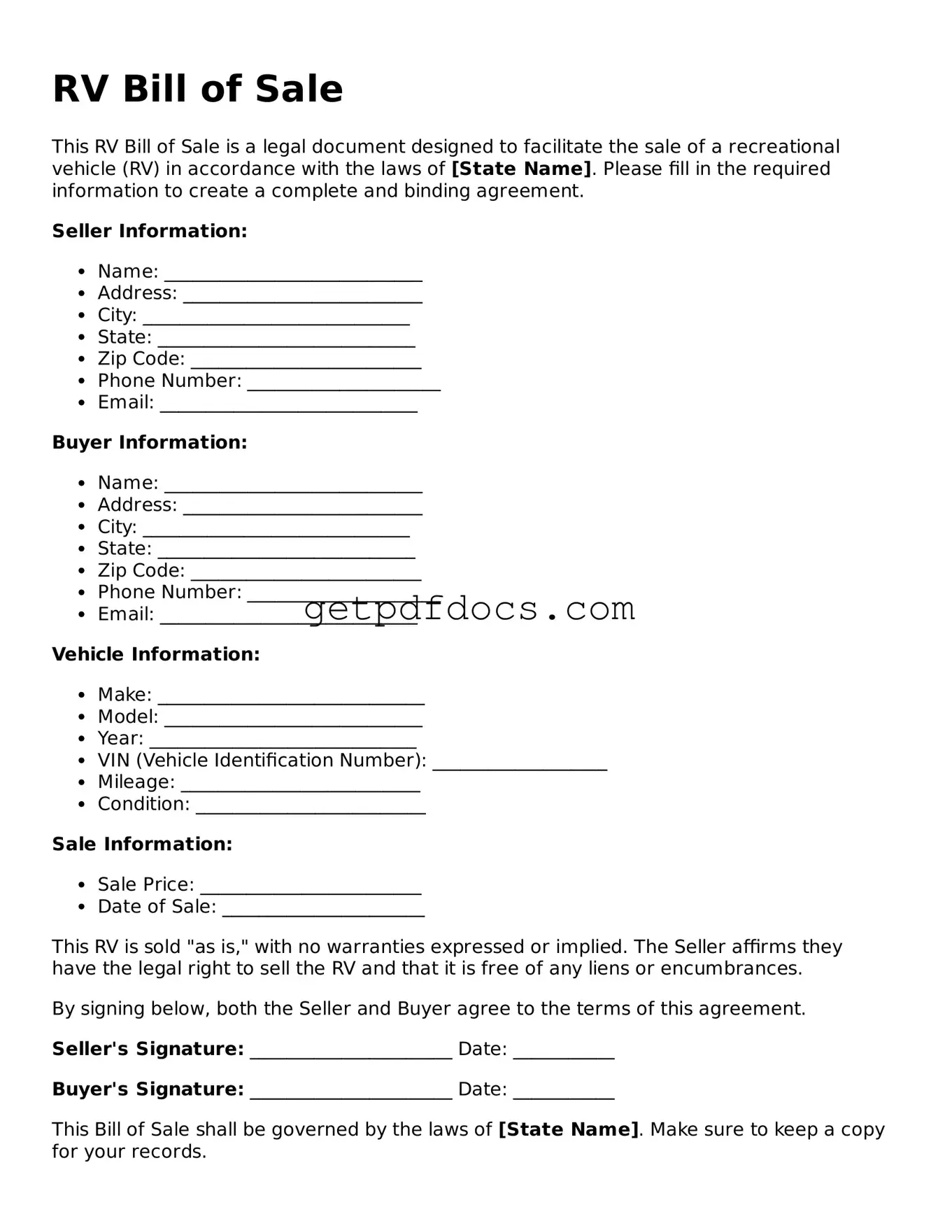 Printable RV Bill of Sale Template