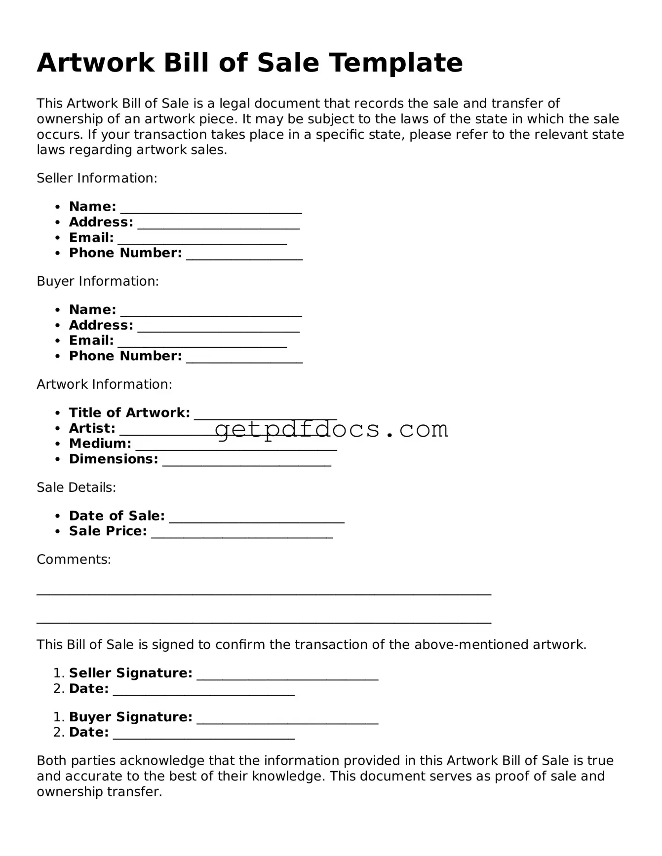 Printable Artwork Bill of Sale Template