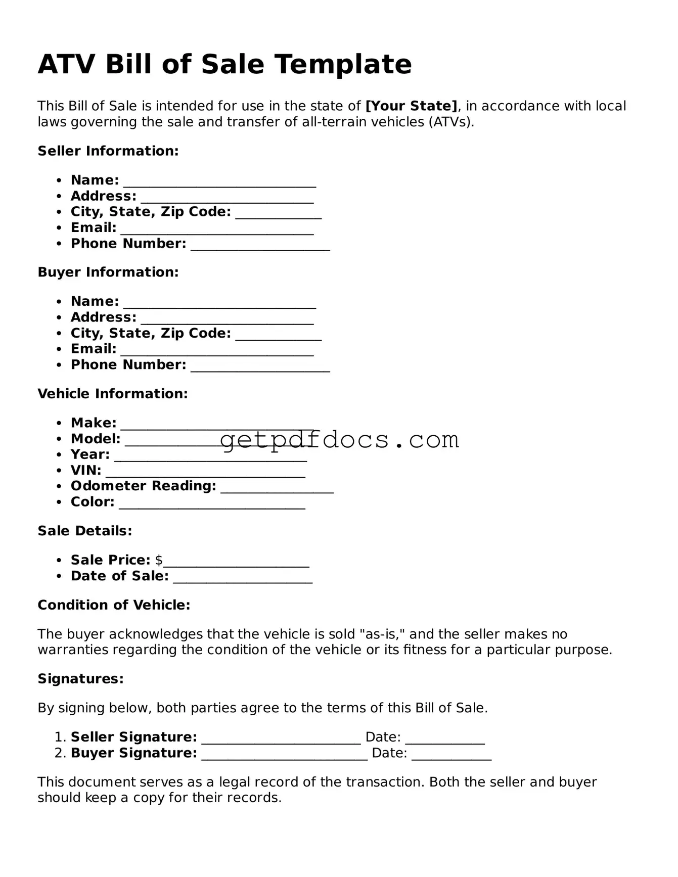 Printable ATV Bill of Sale Template