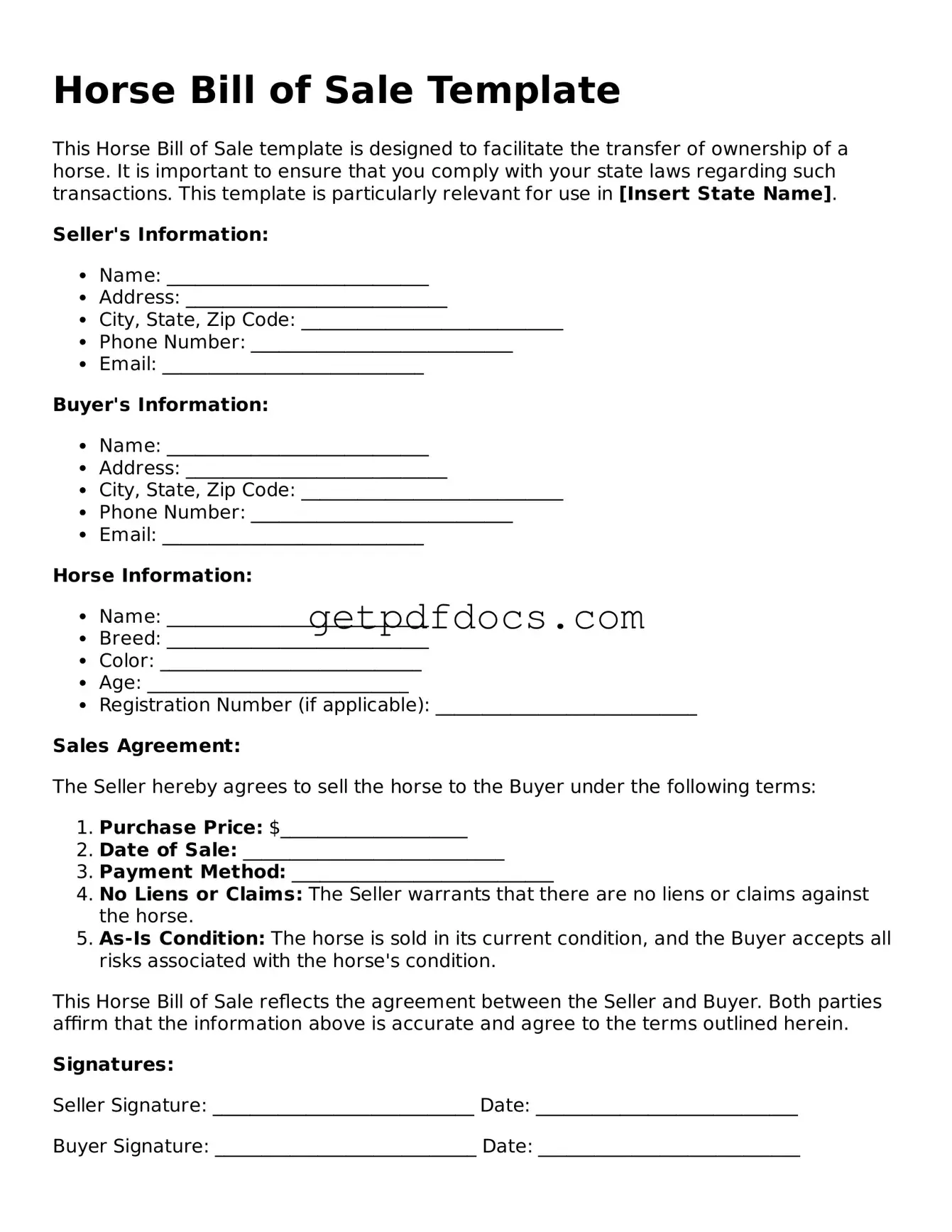Printable Horse Bill of Sale Template