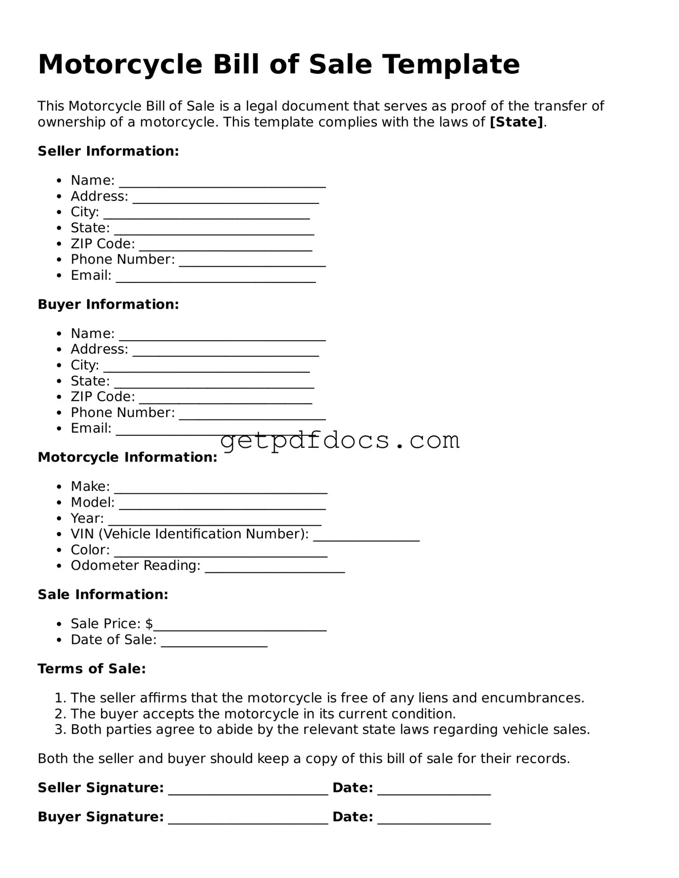 Printable Motorcycle Bill of Sale Template