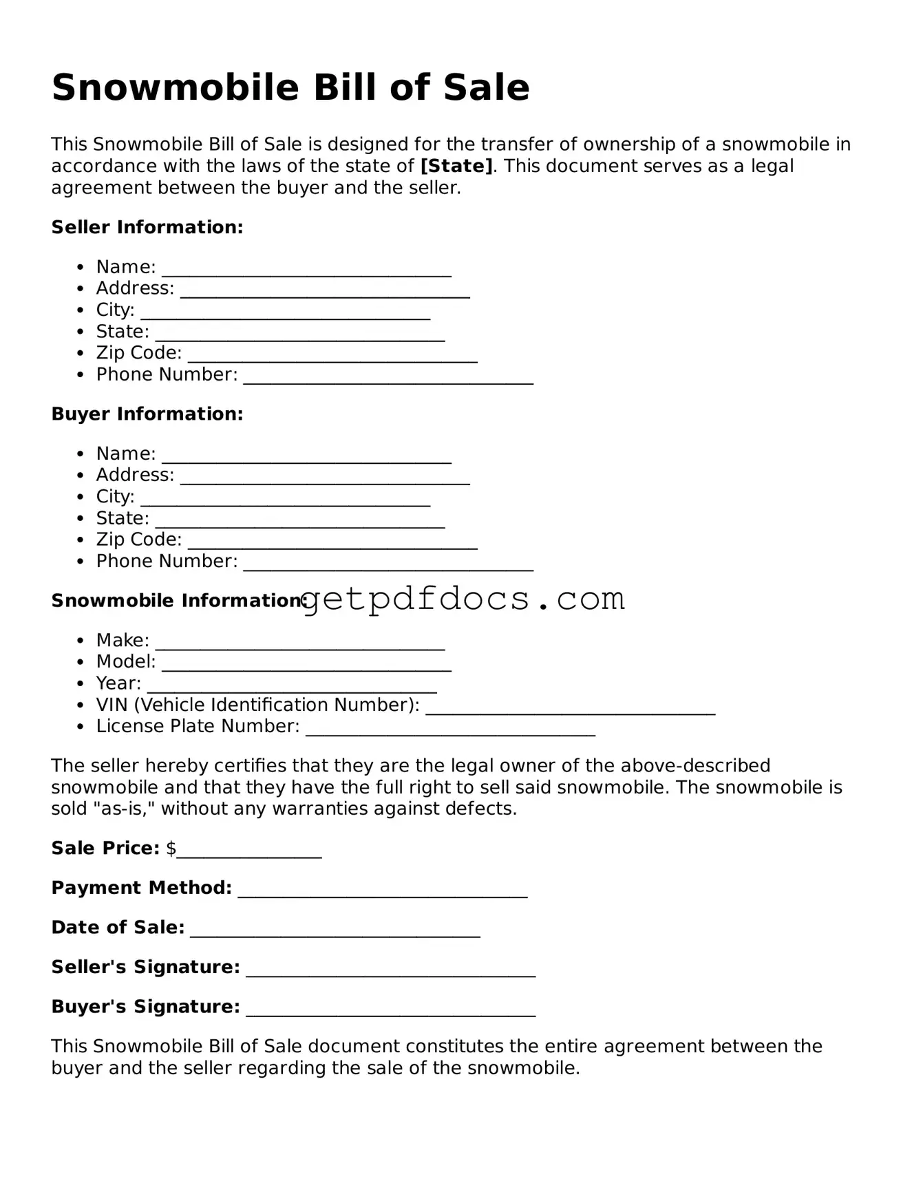 Printable Snowmobile Bill of Sale Template