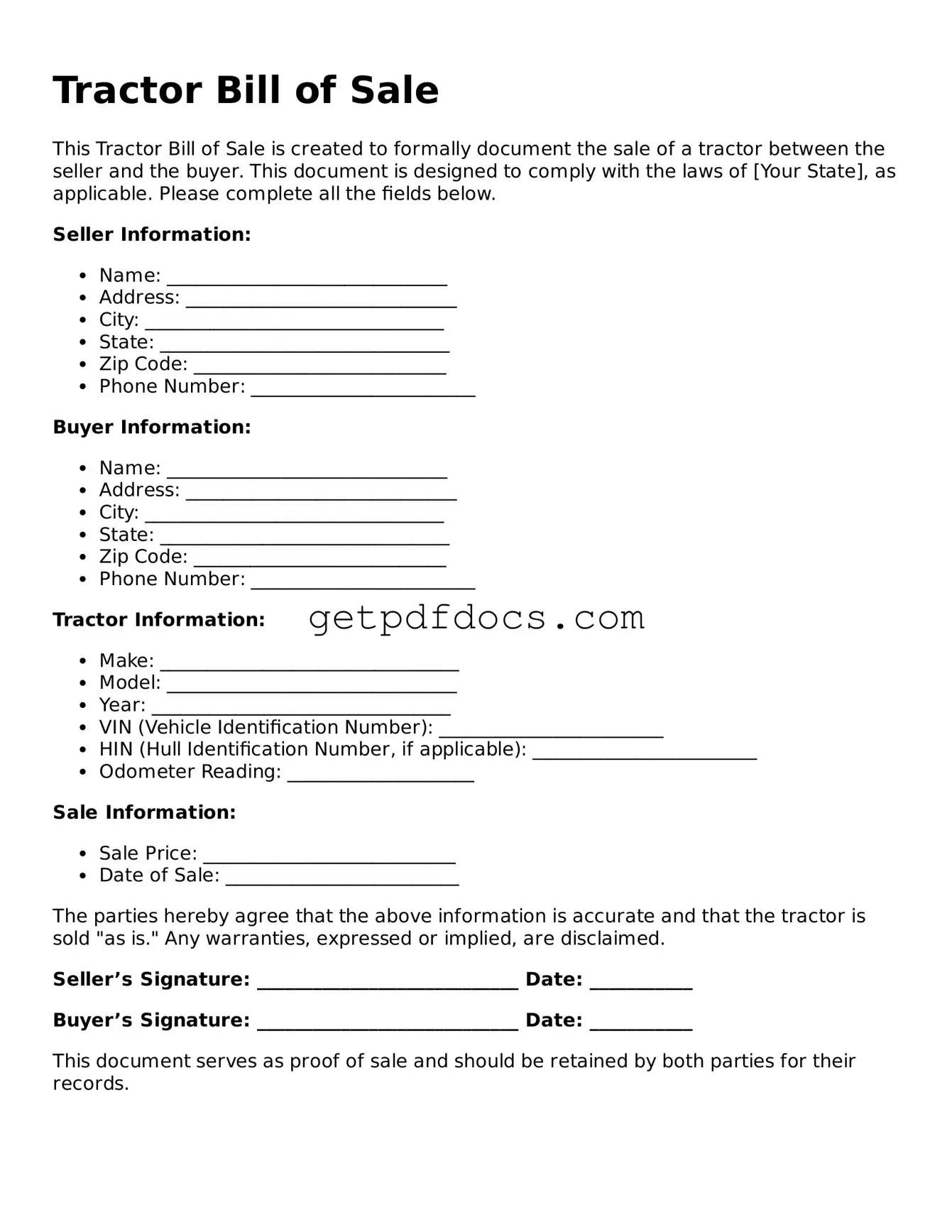 Printable Tractor Bill of Sale Template