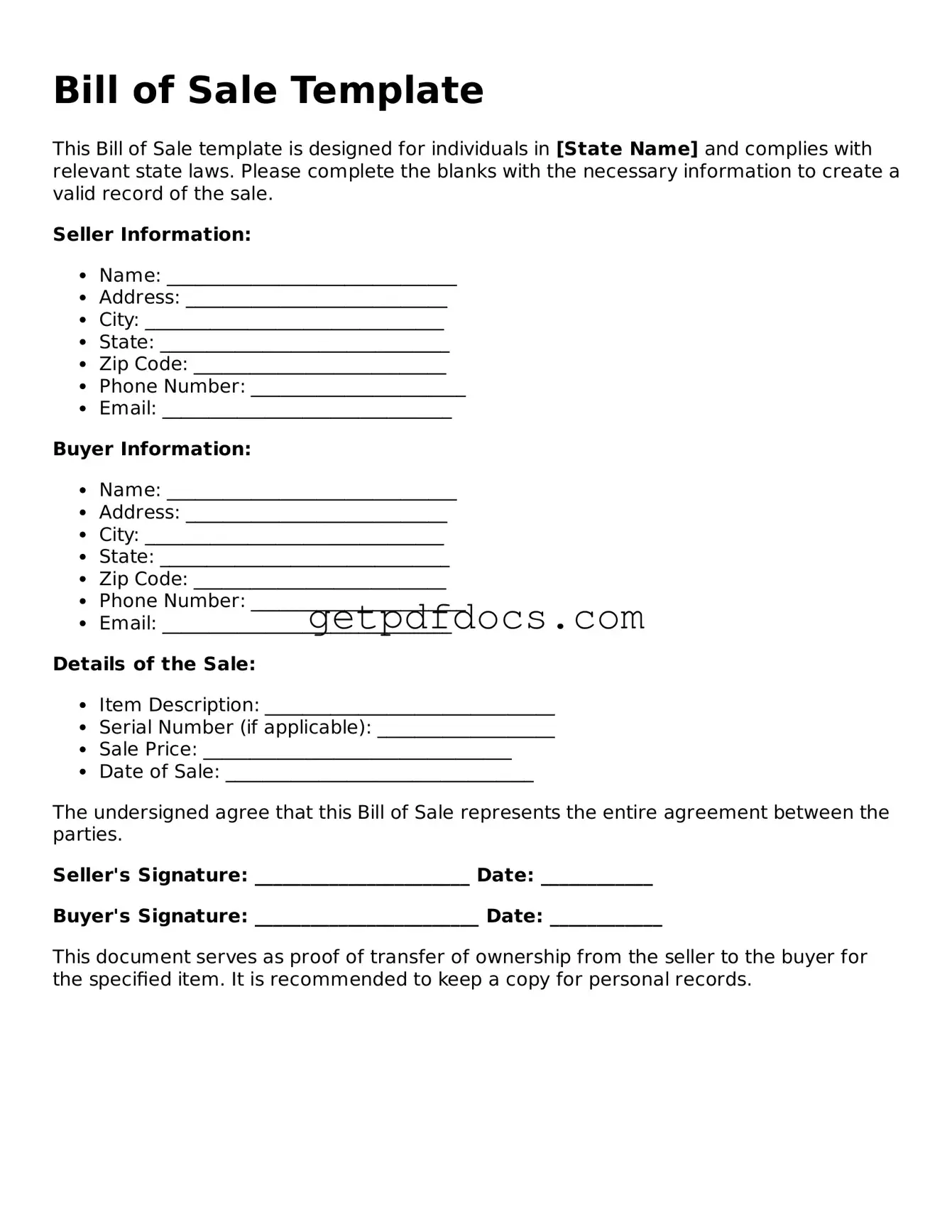 Printable Bill of Sale Template
