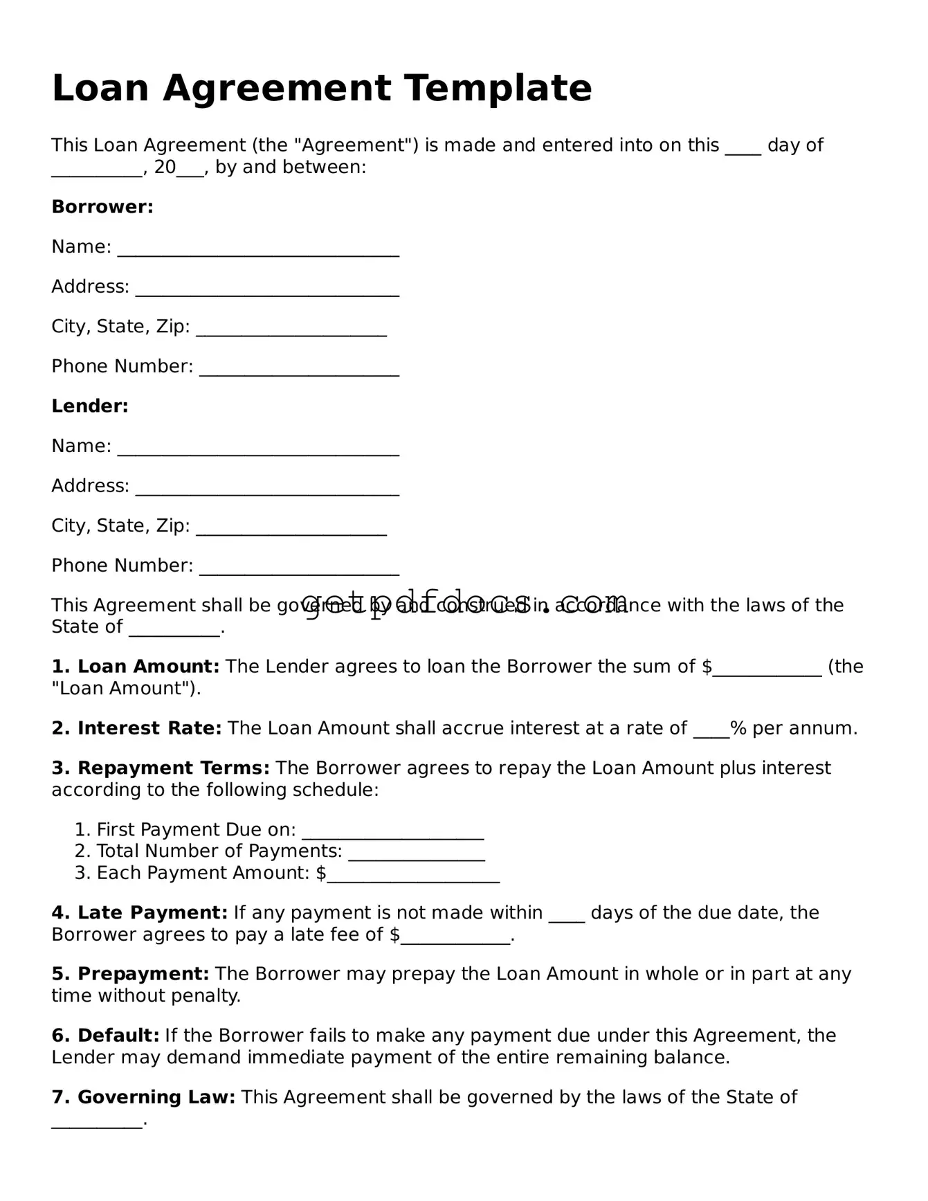 Printable Loan Agreement Template
