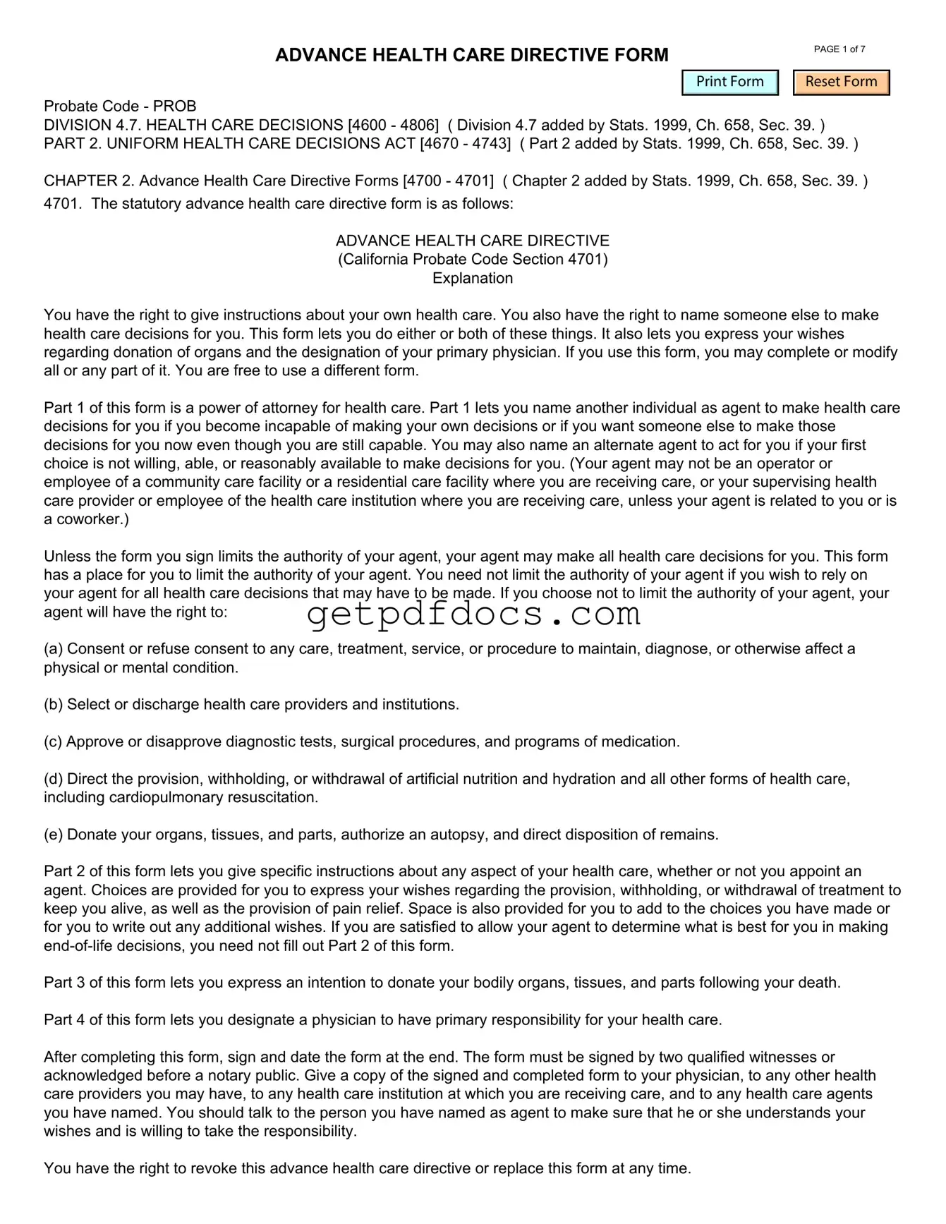 Fill in a Valid California Advanced Health Care Directive Template