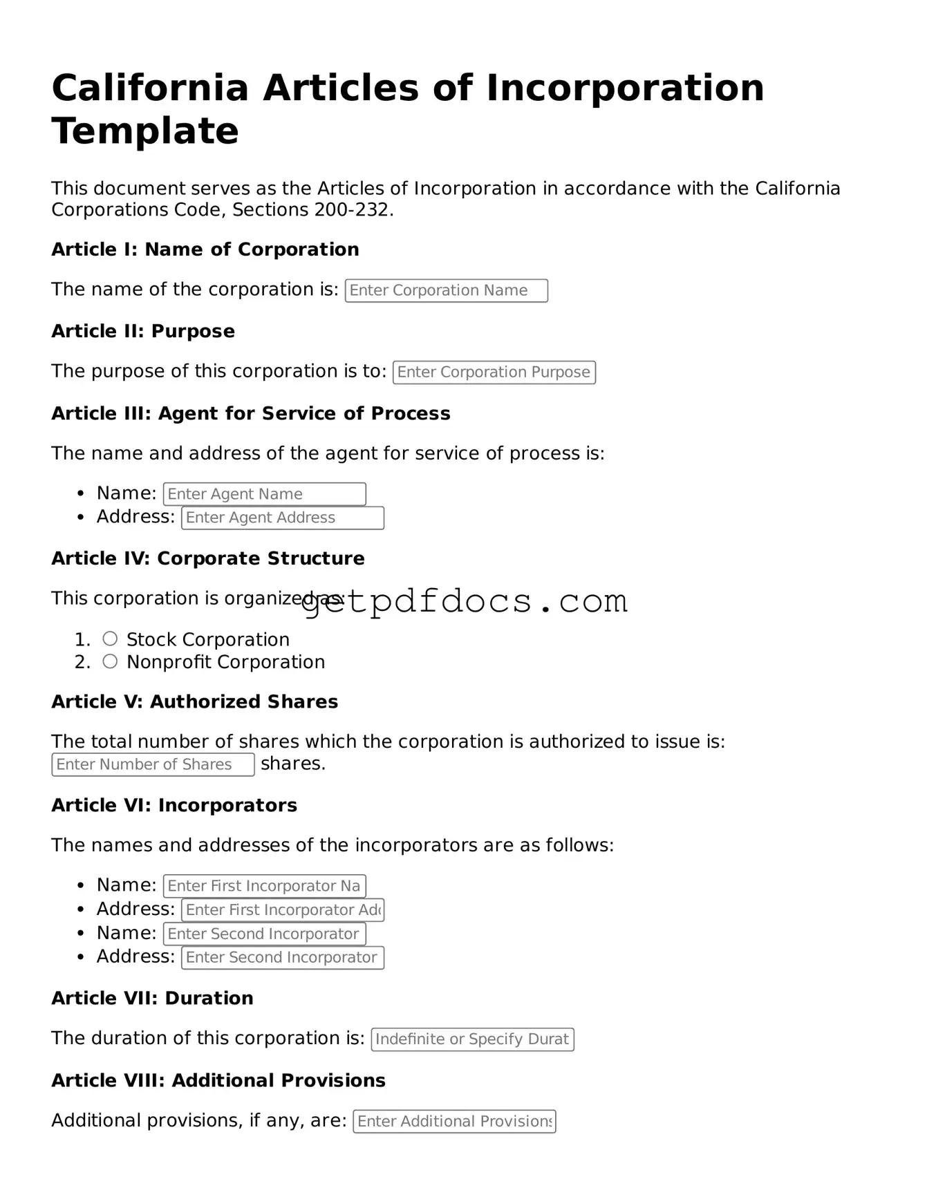 Attorney-Approved Articles of Incorporation Form for California State