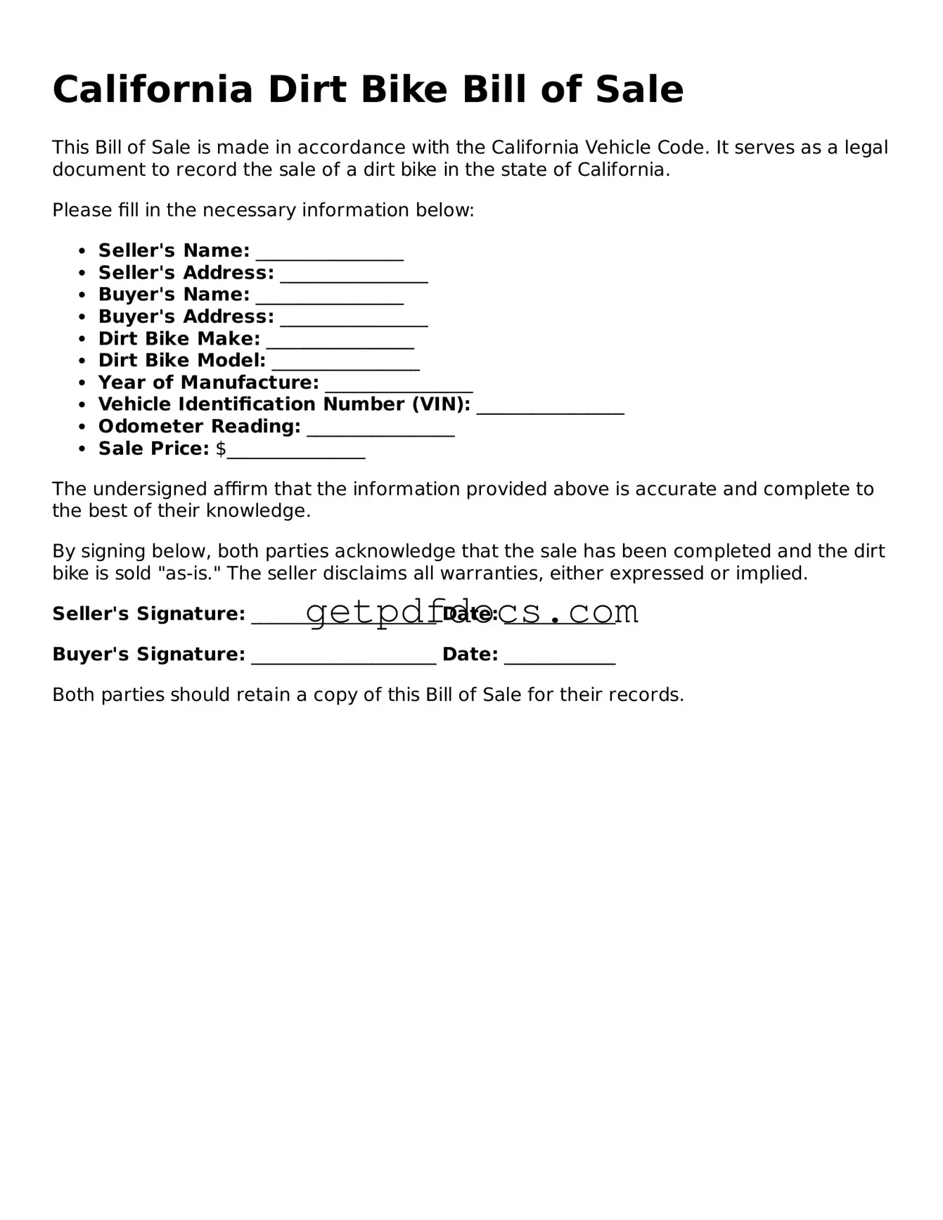 Attorney-Approved Dirt Bike Bill of Sale Form for California State