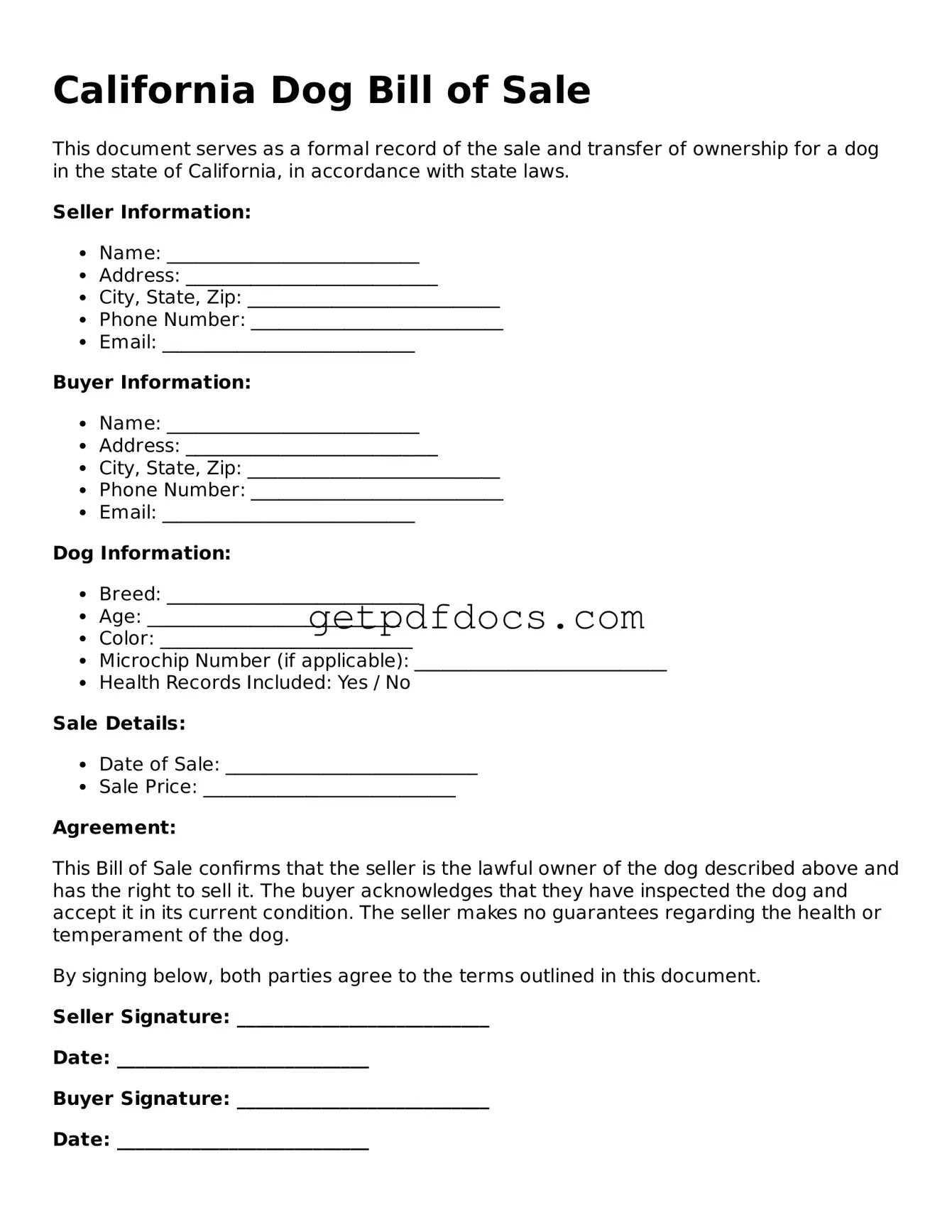 Attorney-Approved Dog Bill of Sale Form for California State