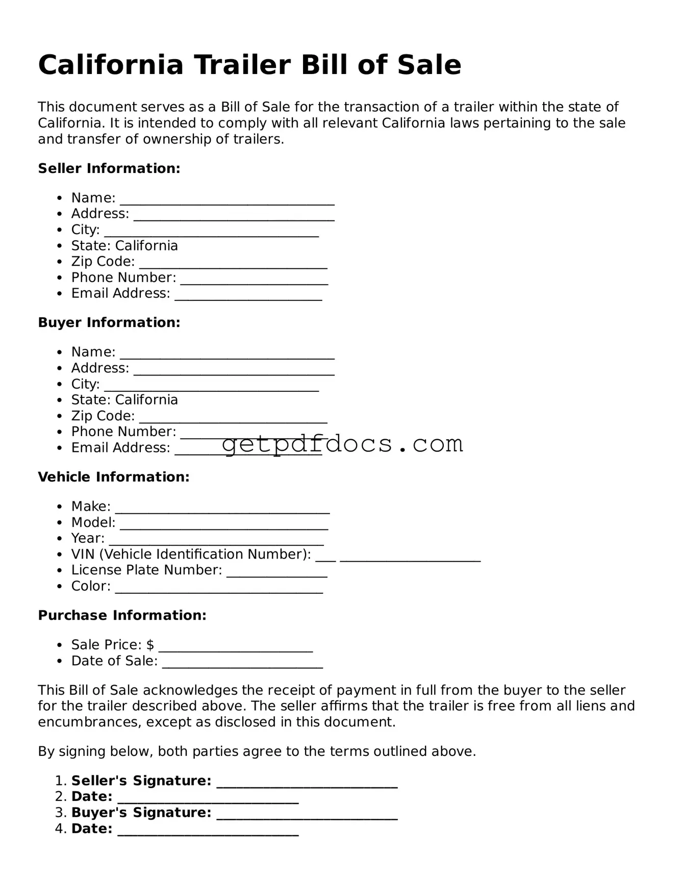Attorney-Approved Trailer Bill of Sale Form for California State