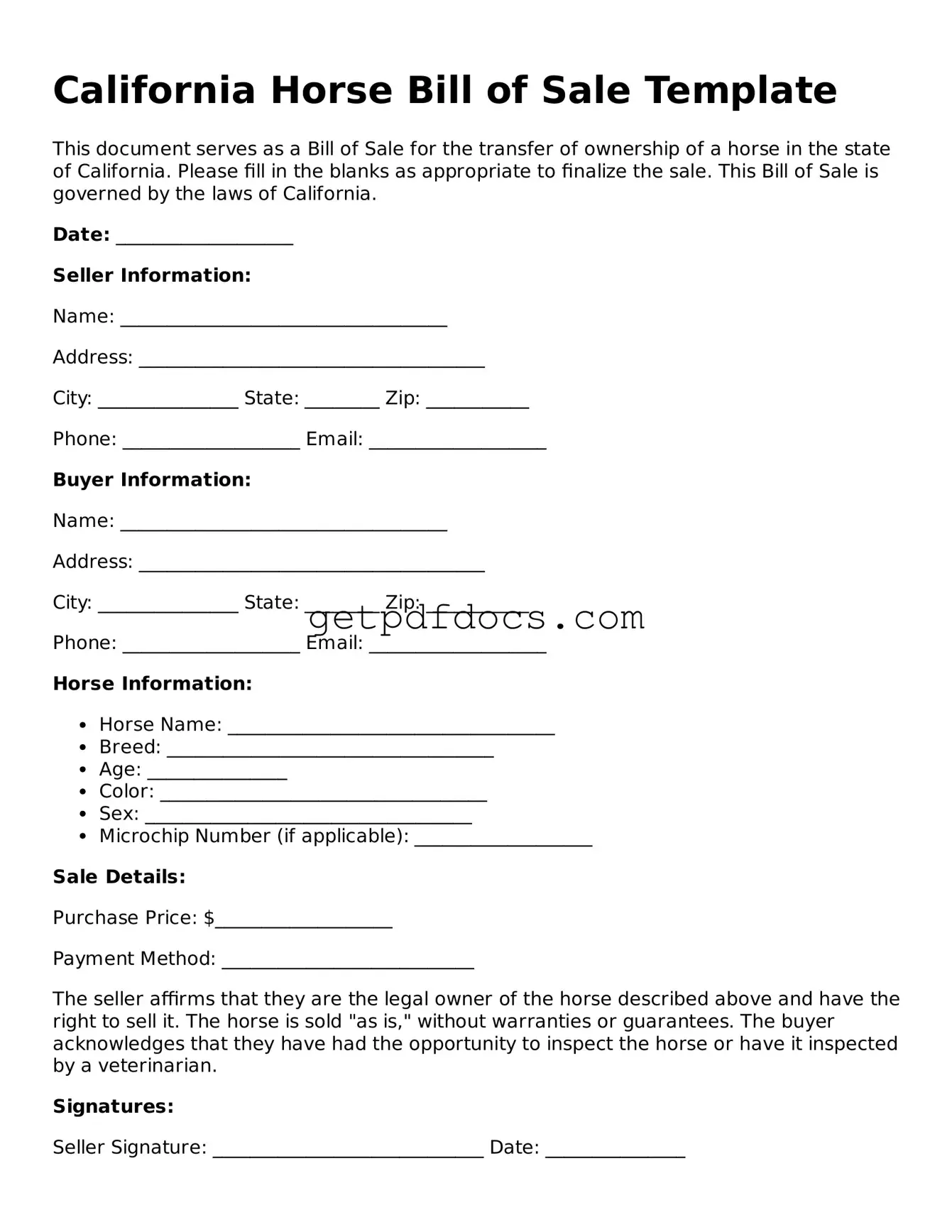 Attorney-Approved Horse Bill of Sale Form for California State