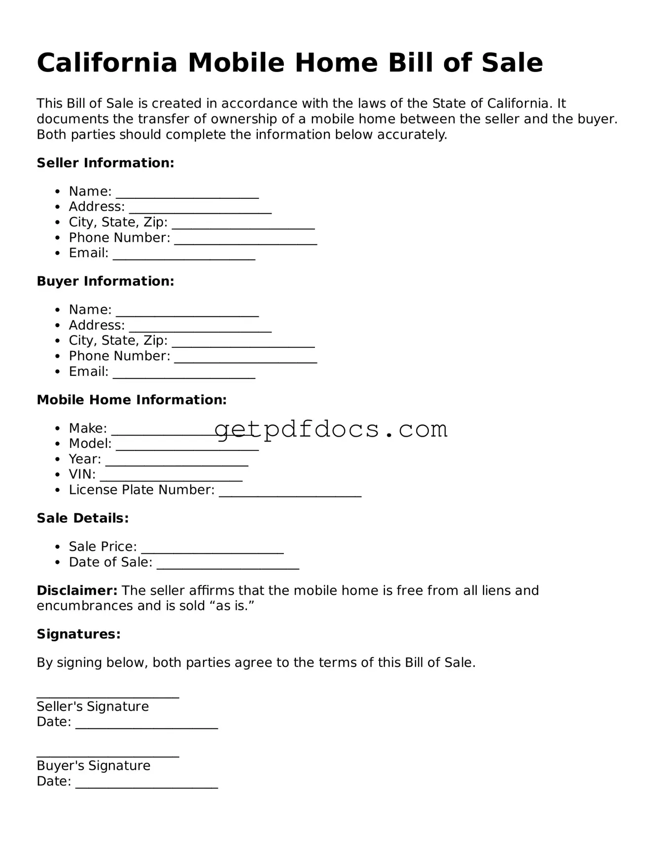 Attorney-Approved Mobile Home Bill of Sale Form for California State