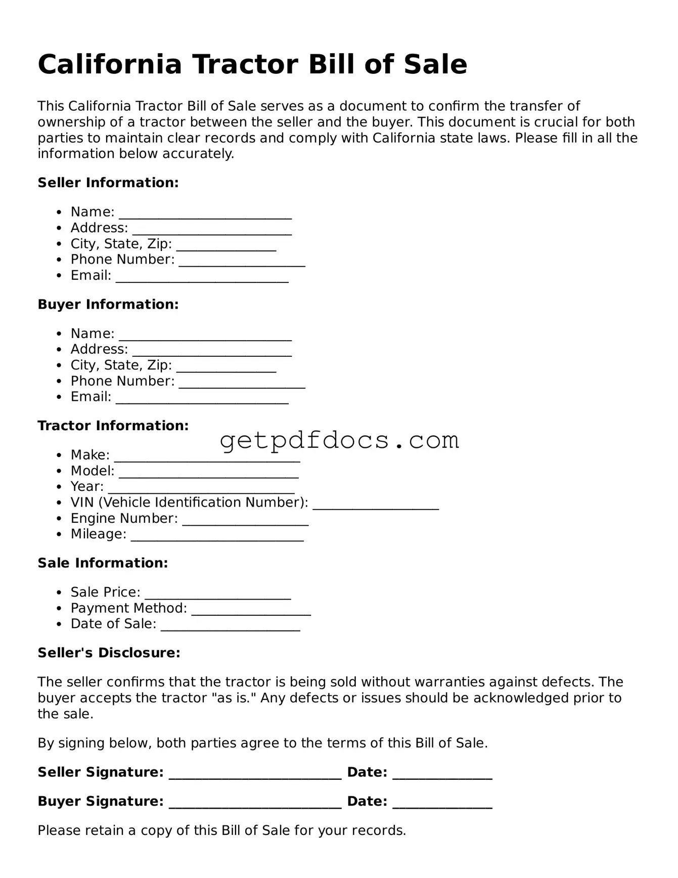 Attorney-Approved Tractor Bill of Sale Form for California State