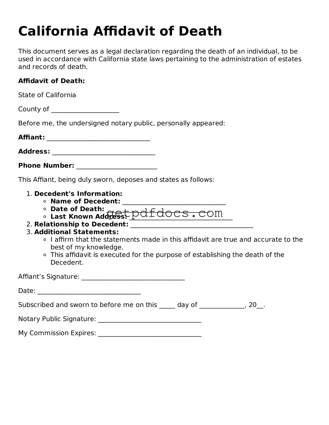 Attorney-Approved Affidavit of Death Form for California State