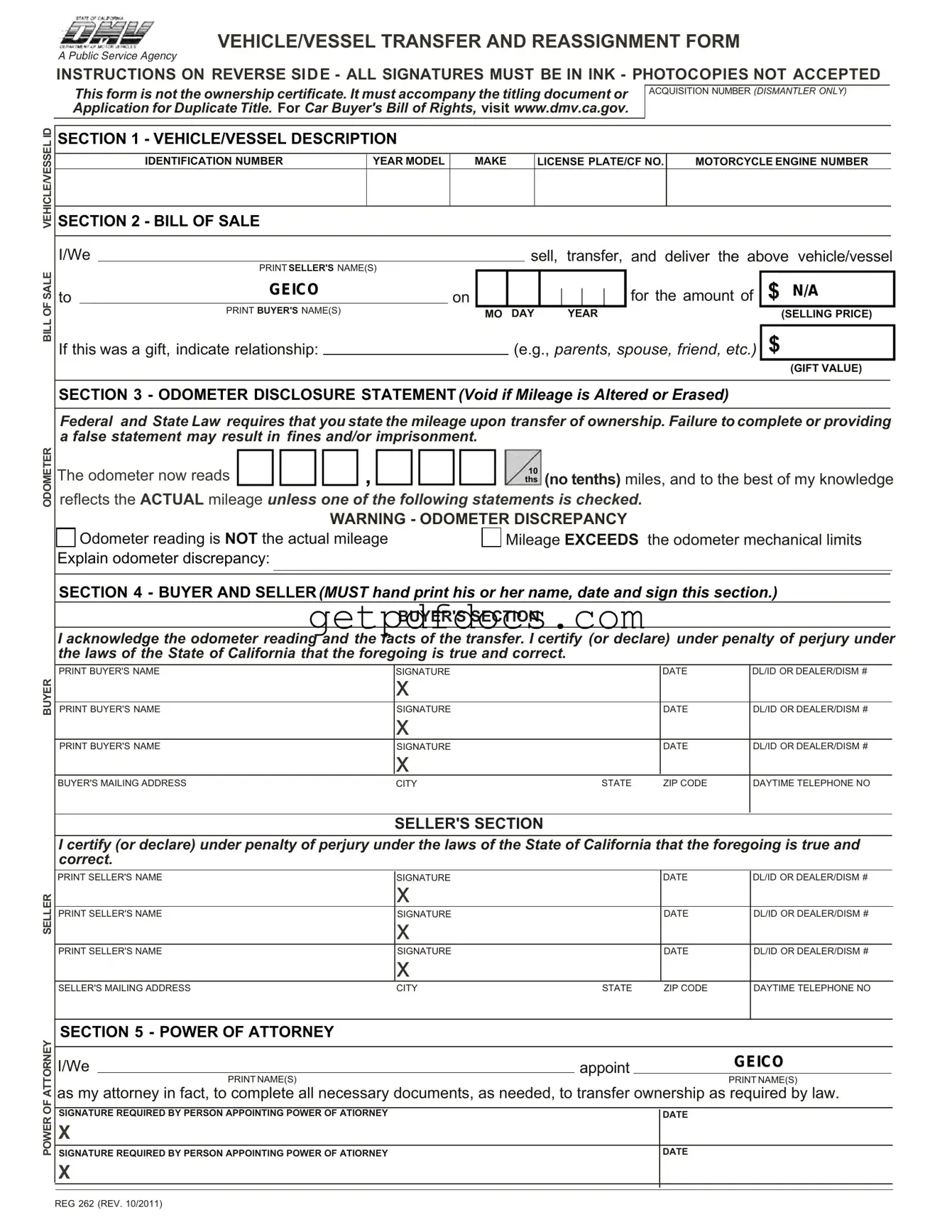 Fill in a Valid California Fotm Reg 262 Template