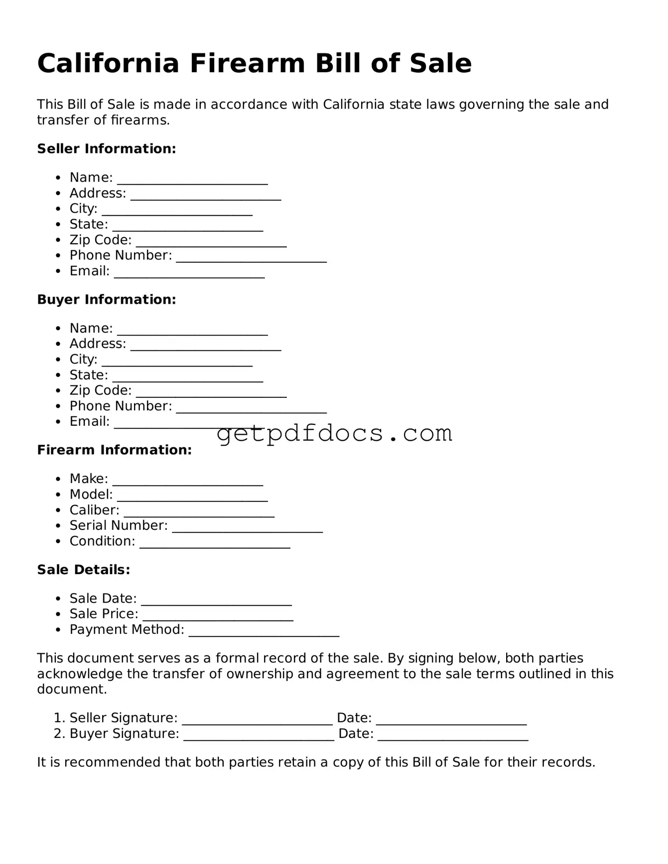 Attorney-Approved Firearm Bill of Sale Form for California State