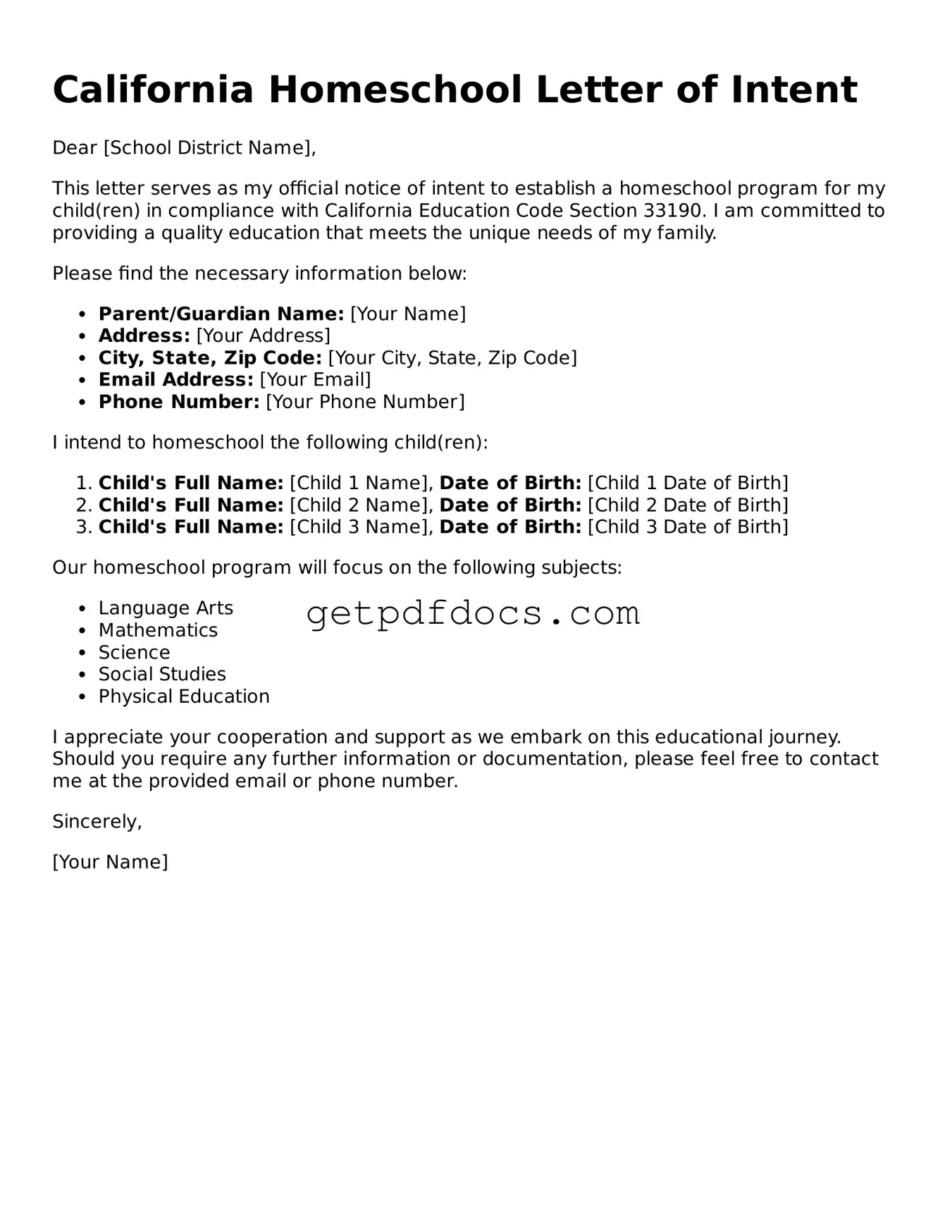 Attorney-Approved Homeschool Letter of Intent Form for California State