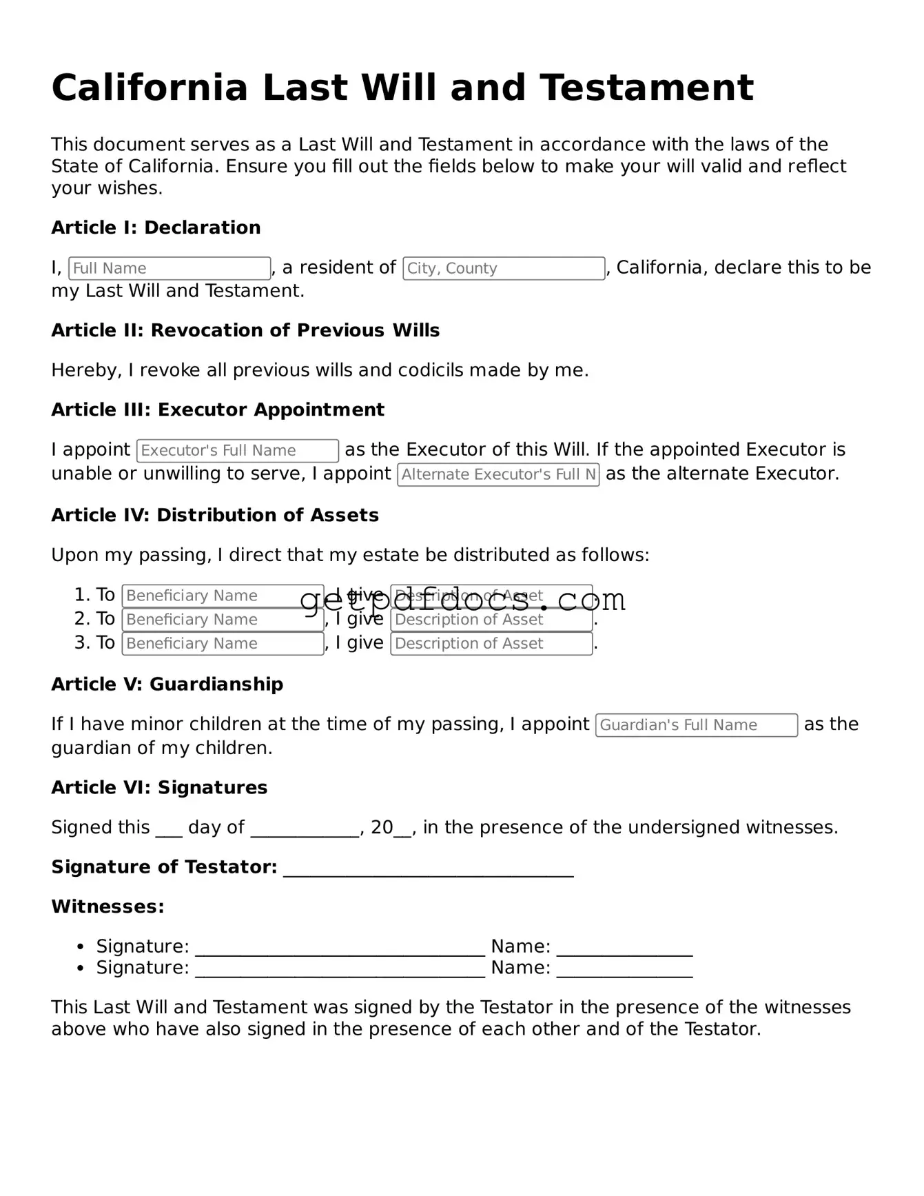 Attorney-Approved Last Will and Testament Form for California State