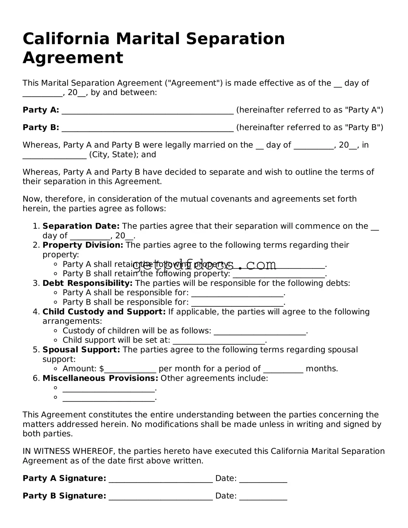 Attorney-Approved Marital Separation Agreement Form for California State