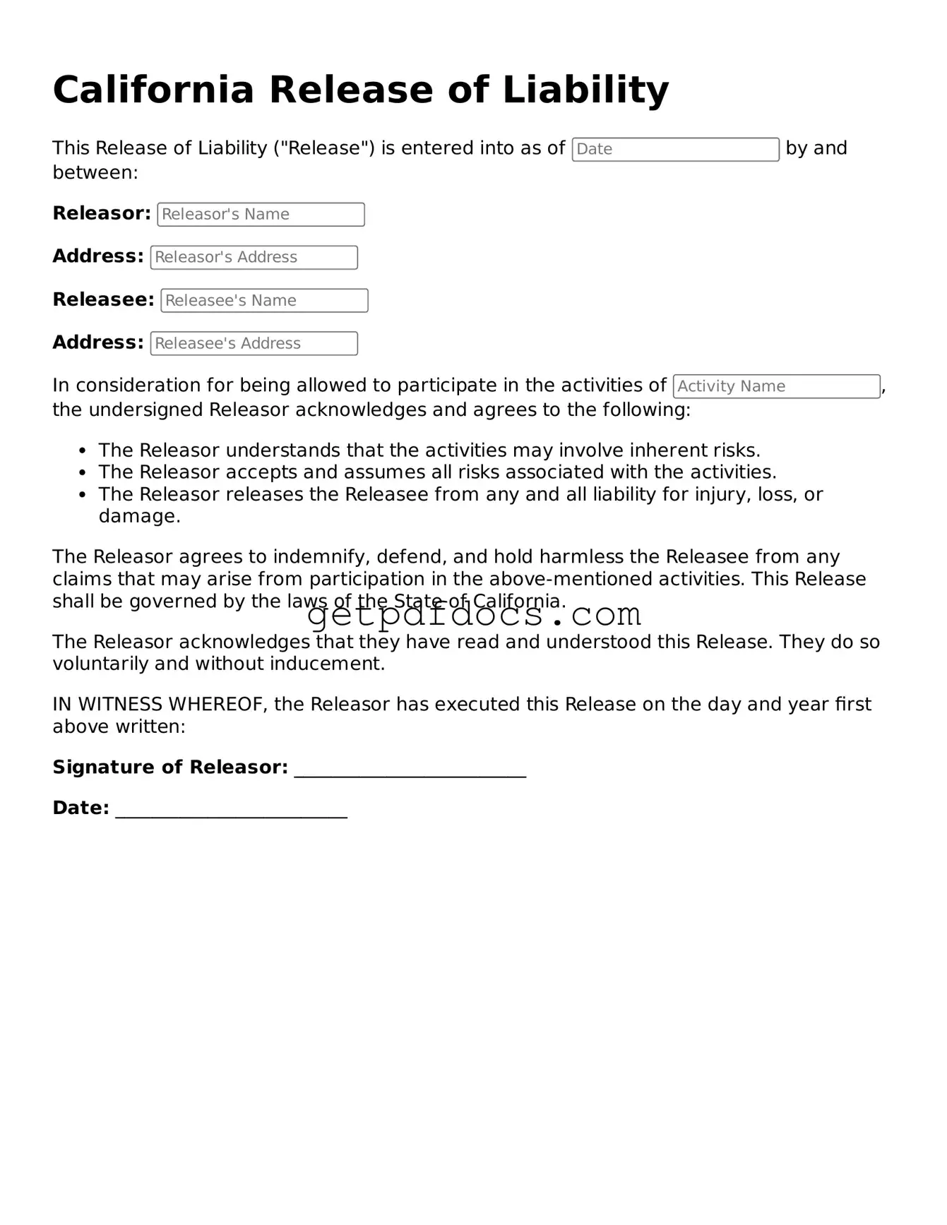 Attorney-Approved Release of Liability Form for California State