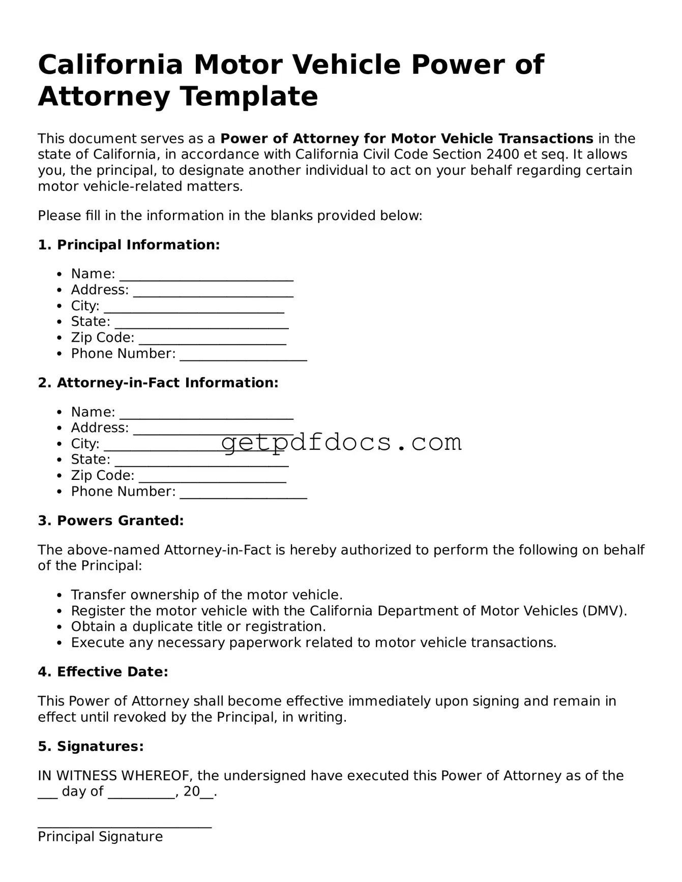 Attorney-Approved Motor Vehicle Power of Attorney Form for California State