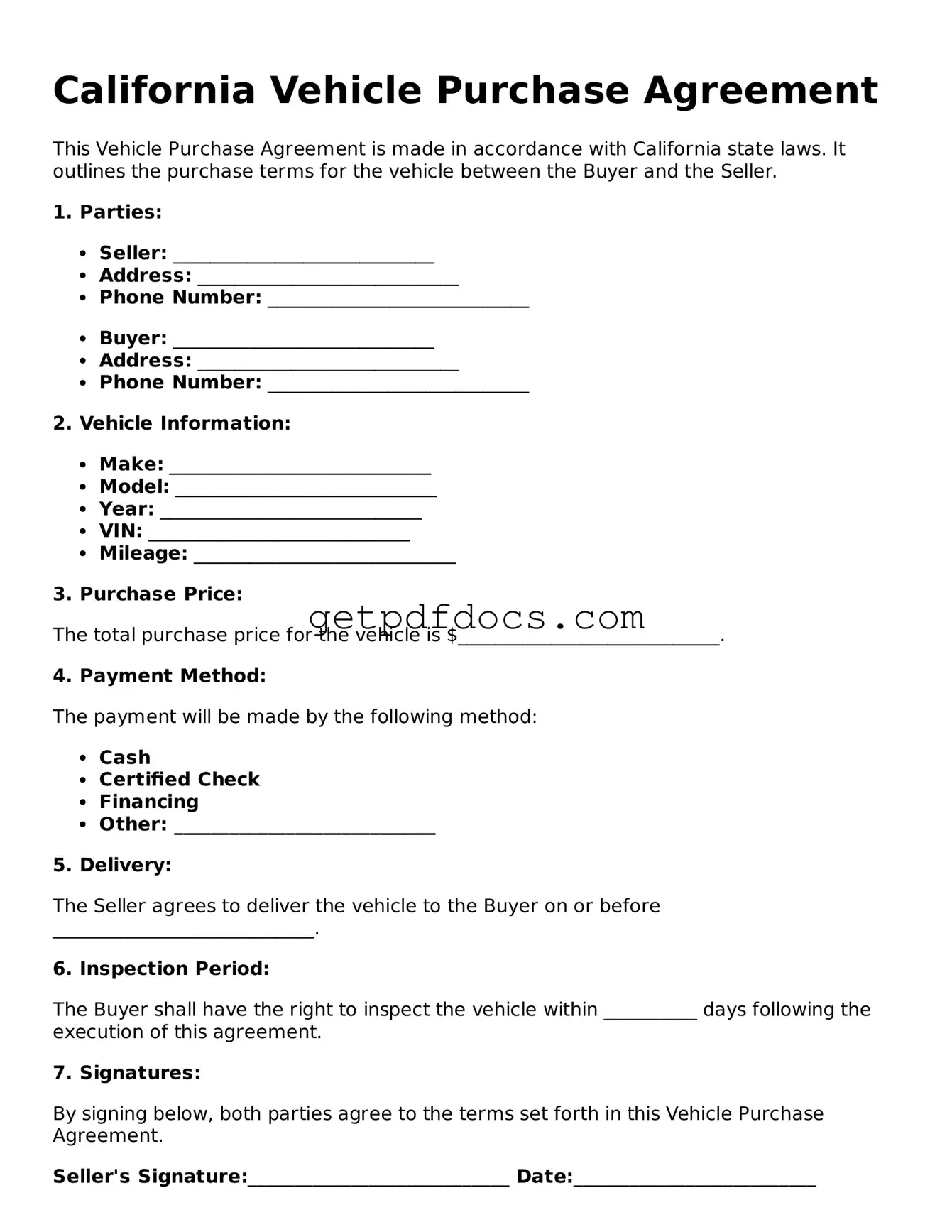 Attorney-Approved Vehicle Purchase Agreement Form for California State