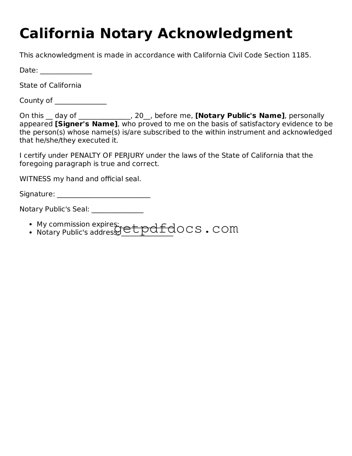 Attorney-Approved Notary Acknowledgement Form for California State