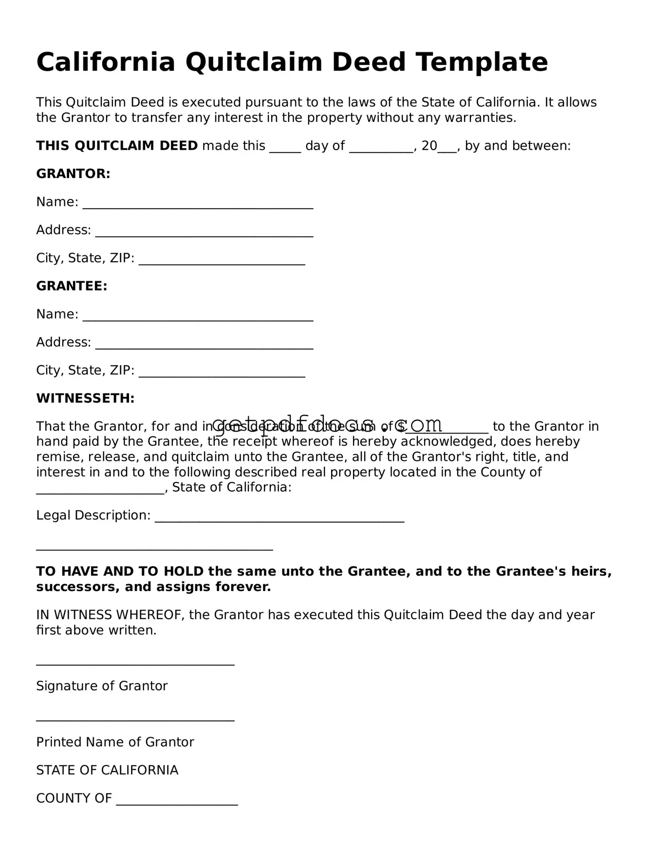 Attorney-Approved Quitclaim Deed Form for California State