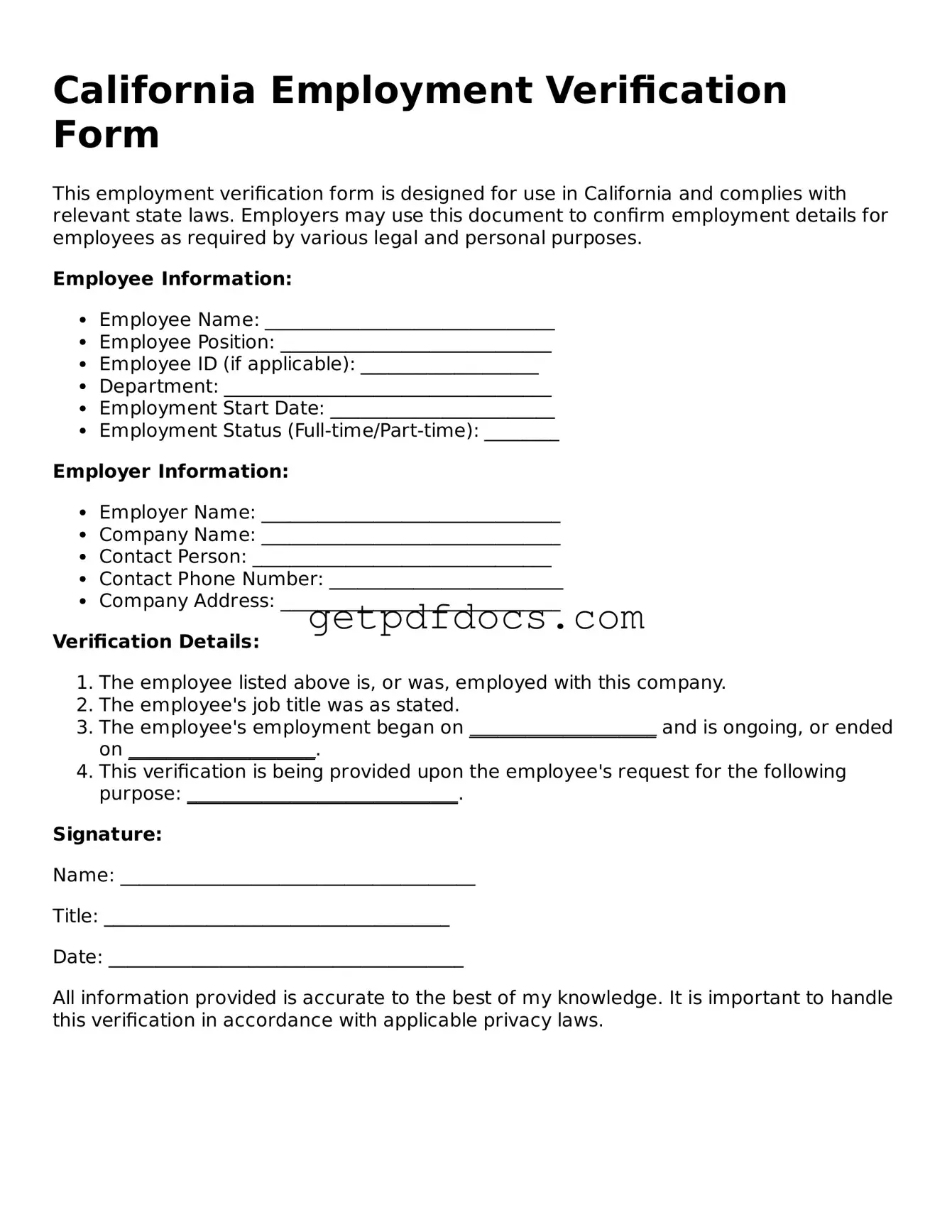 Attorney-Approved Employment Verification Form for California State