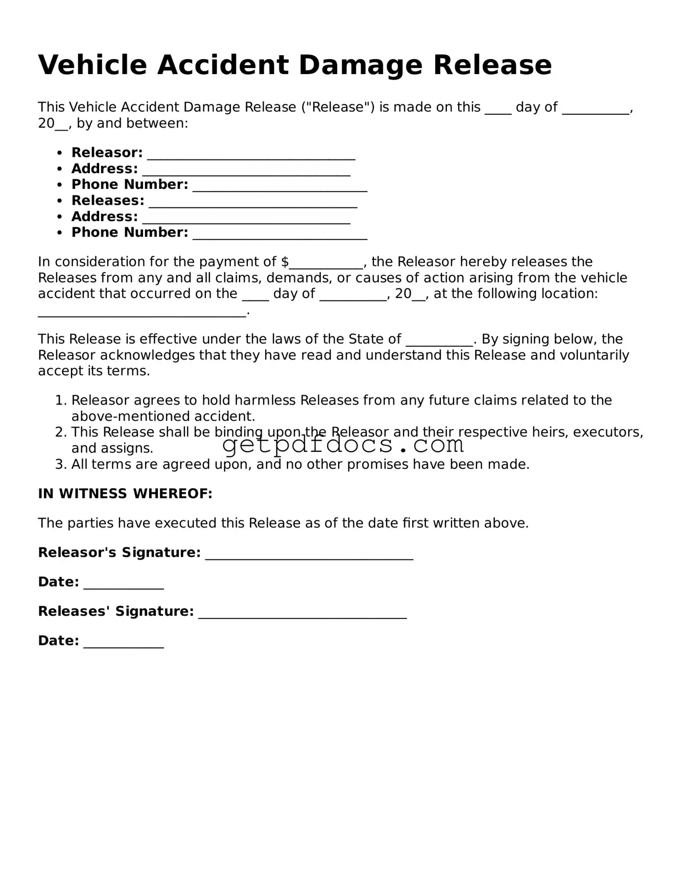 Printable Vehicle Accident Damage Release Template