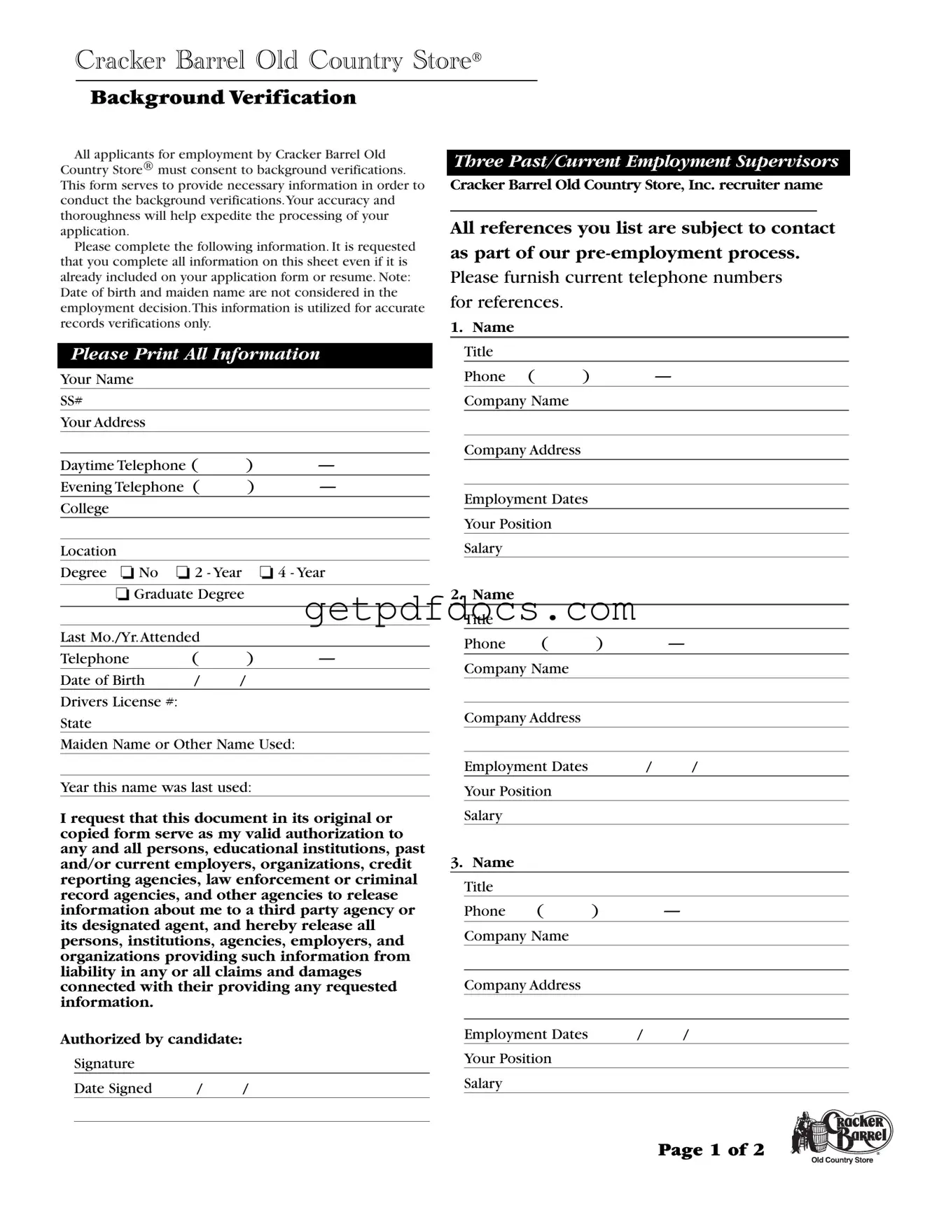 Fill in a Valid Cracker Barrel Background Check Template
