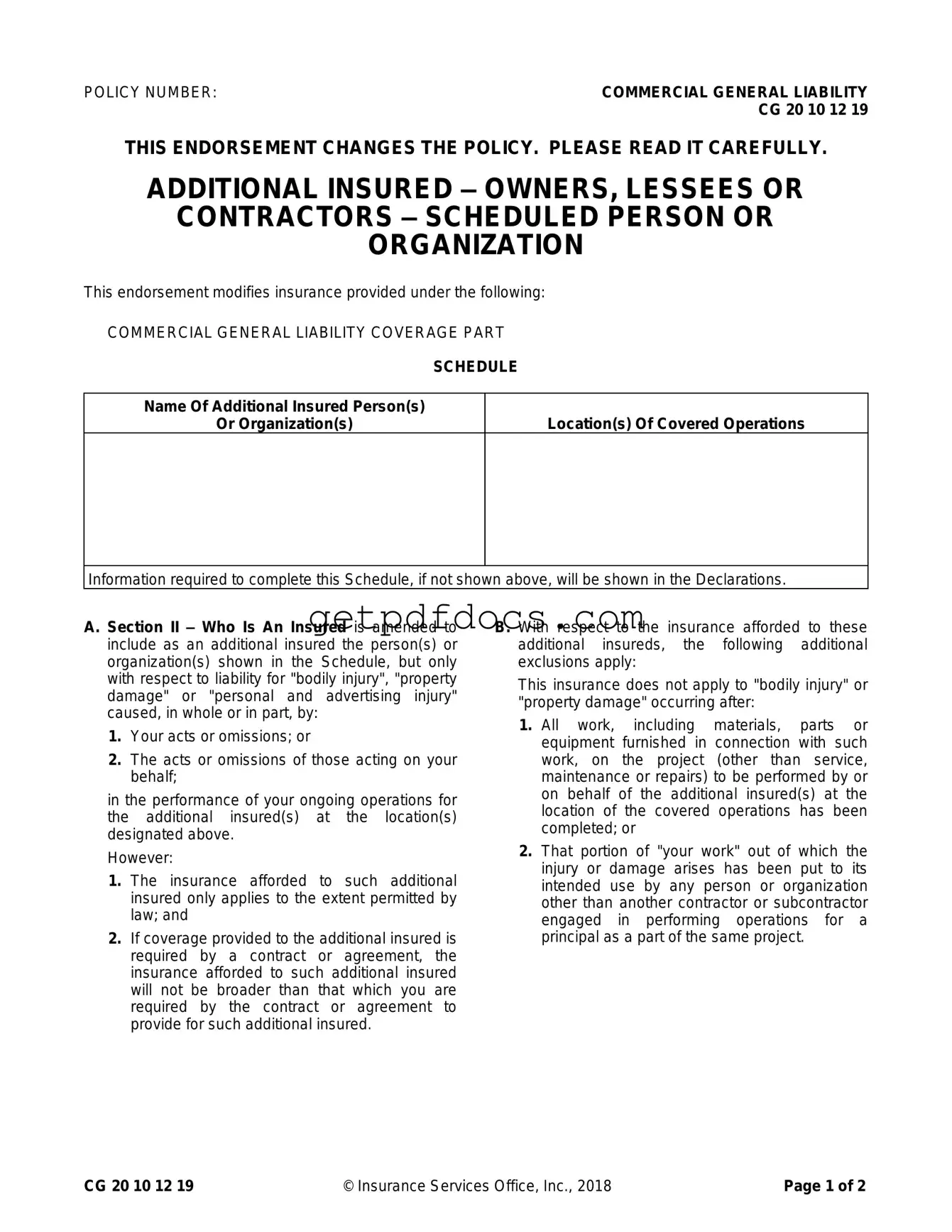 Fill in a Valid Cg 20 10 07 04 Liability Endorsement Template