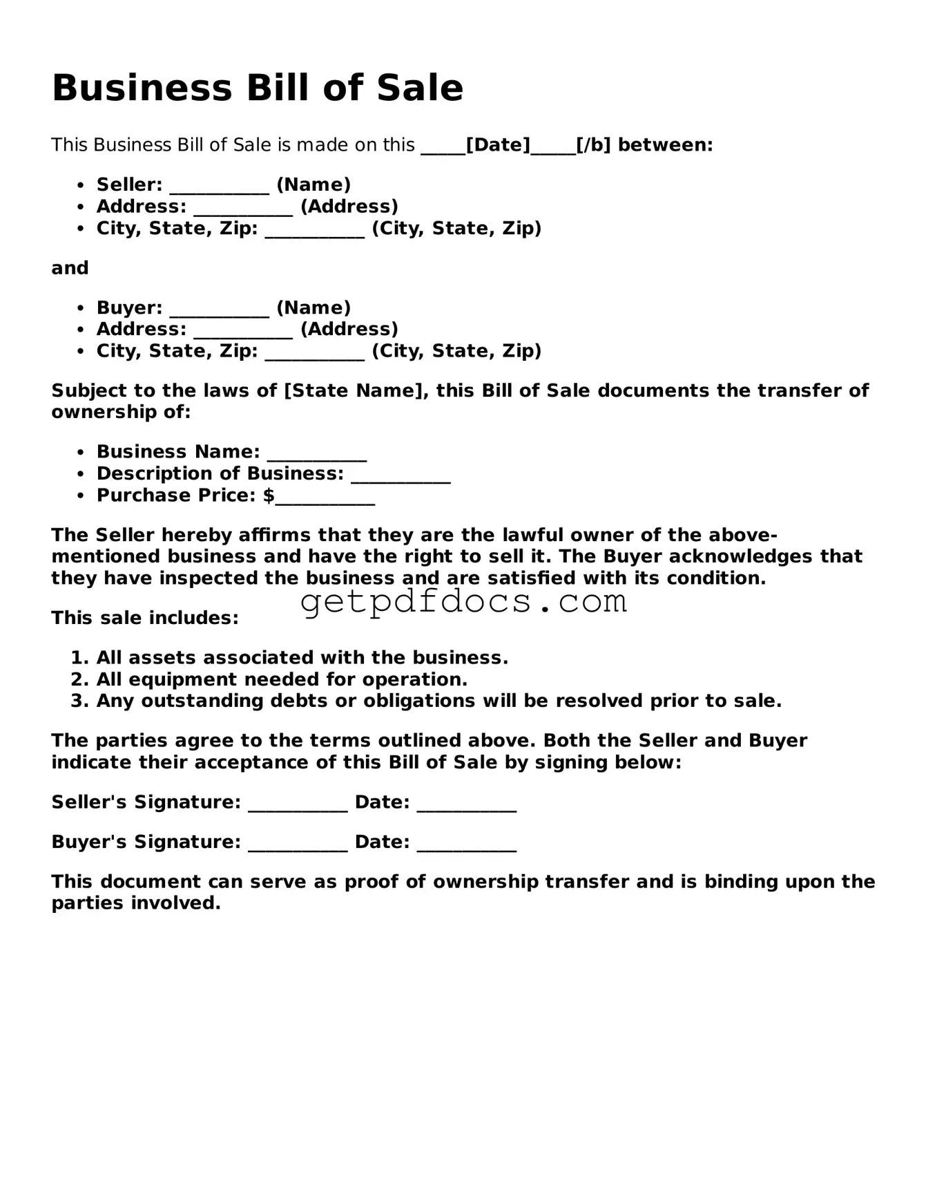 Printable Business Bill of Sale Template