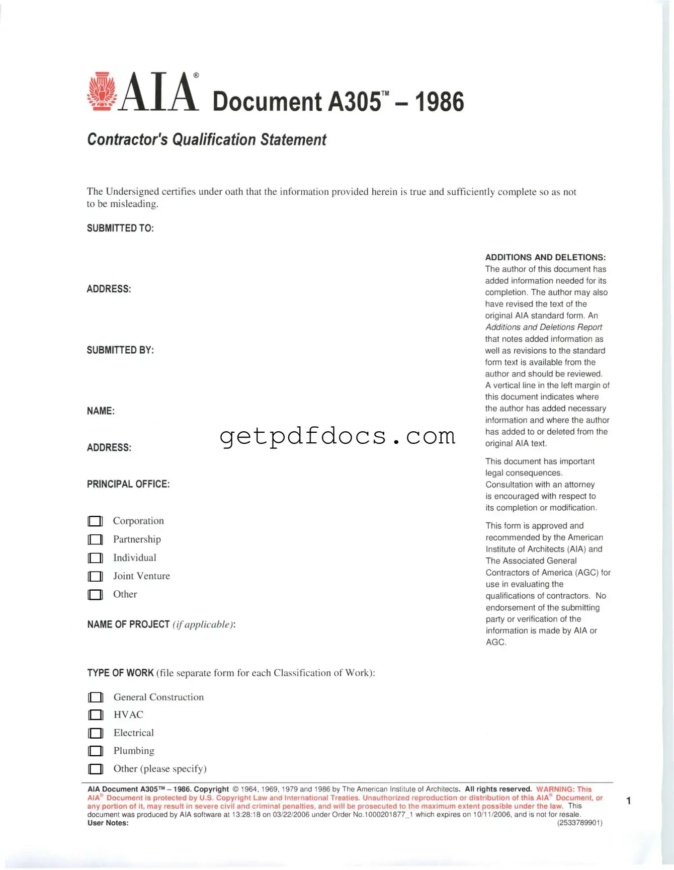 Fill in a Valid AIA A305 Template