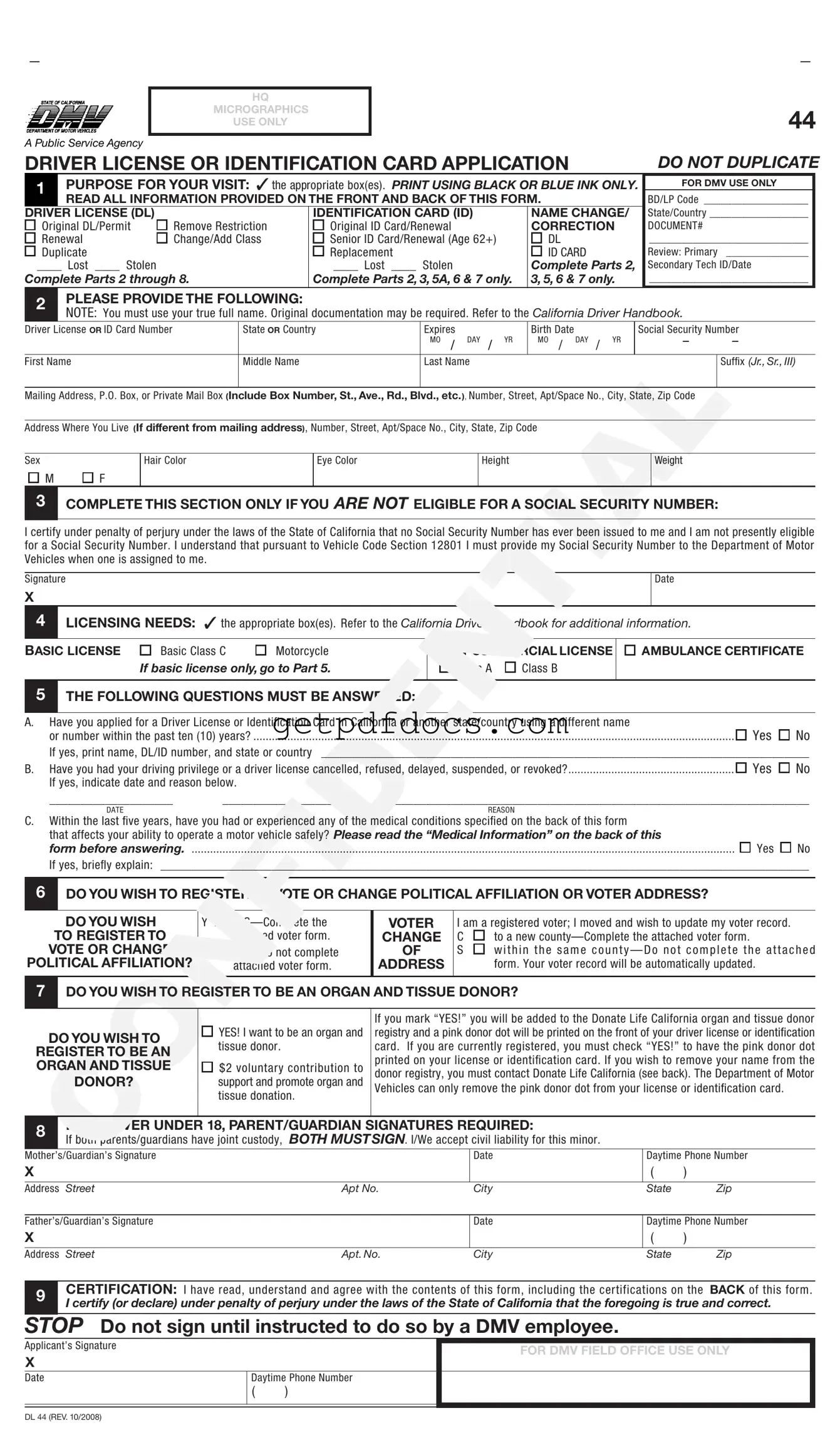 Fill in a Valid Ca Dmv Dl 44 Template