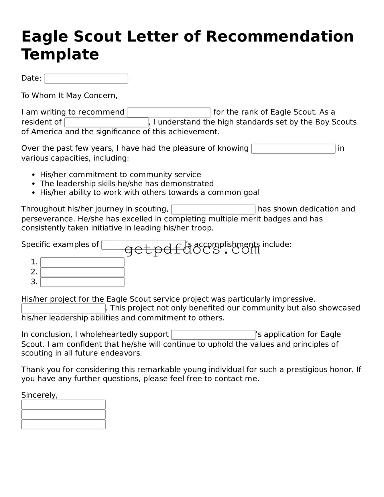Printable Eagle Scout Letter of Recommendation Template