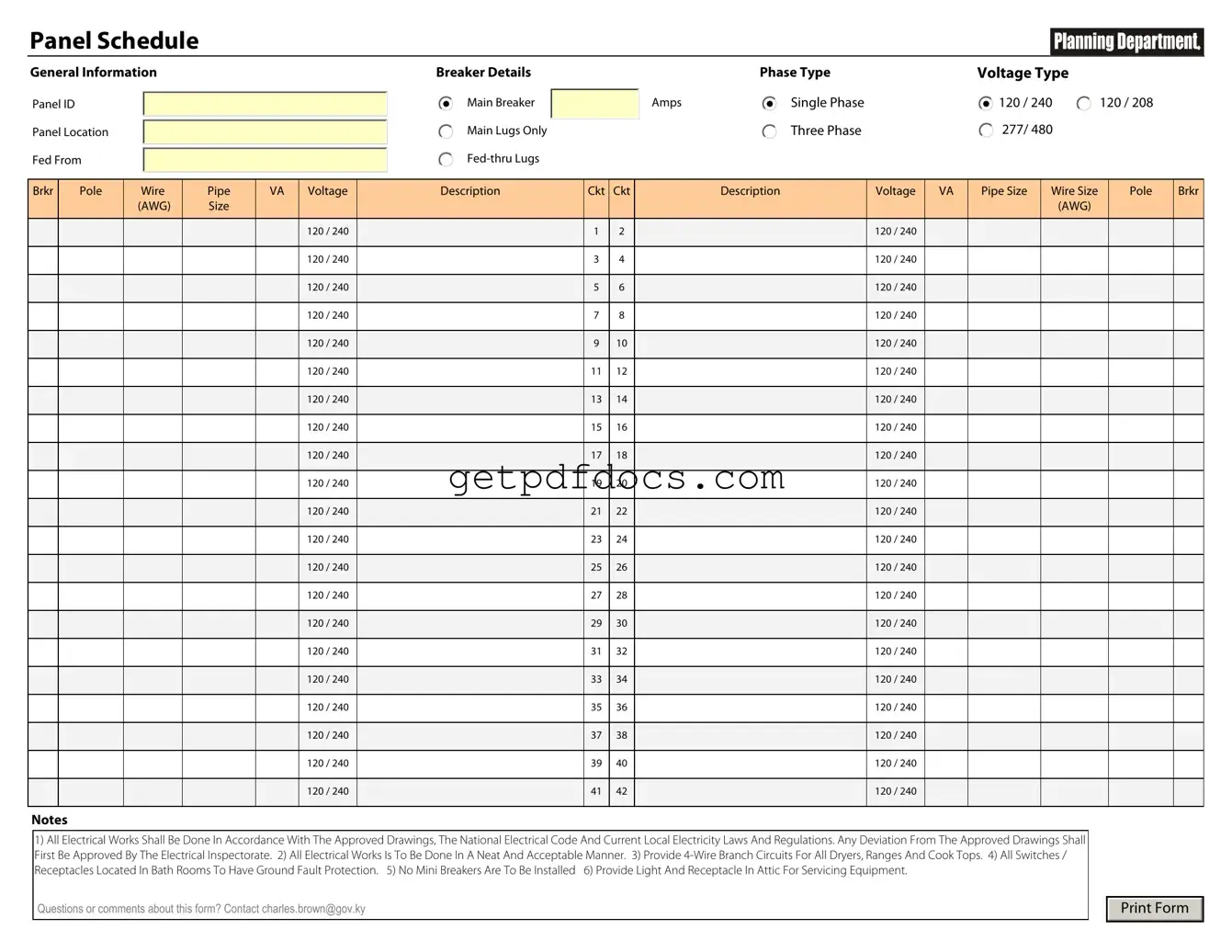 Fill in a Valid Electrical Panel Schedule Template
