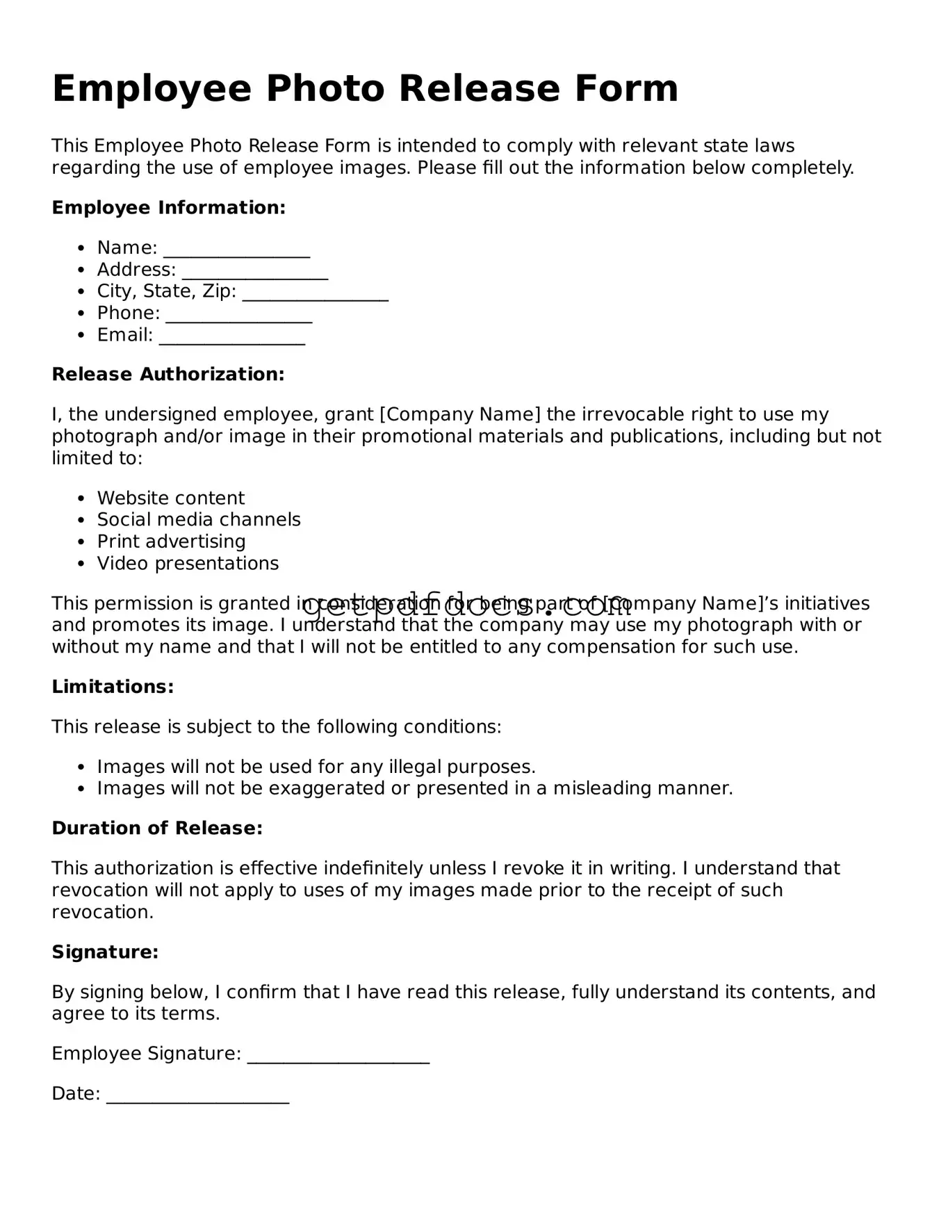 Printable Employee Photo Release Template