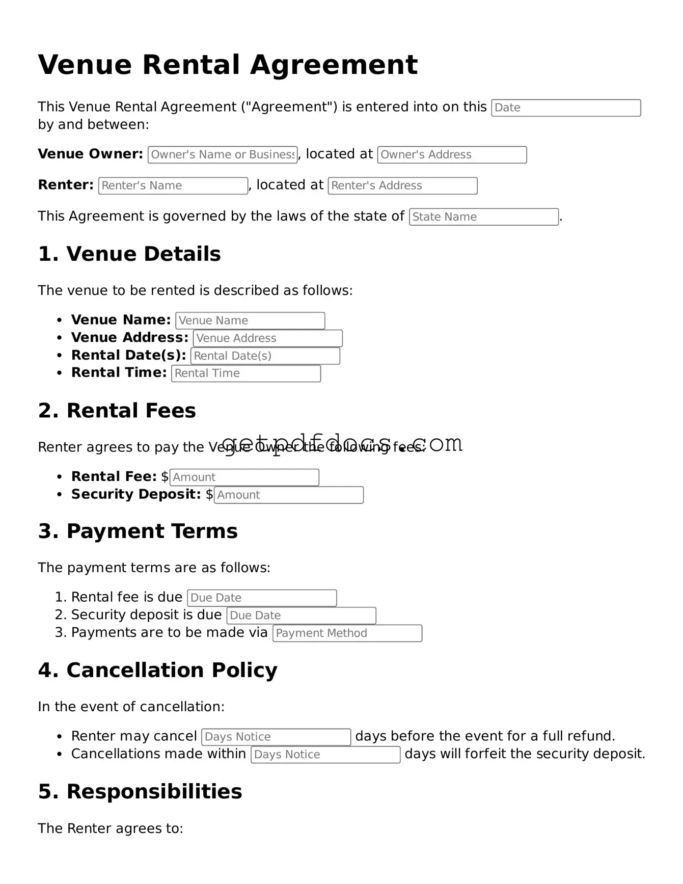 Printable Venue Rental Agreement Template