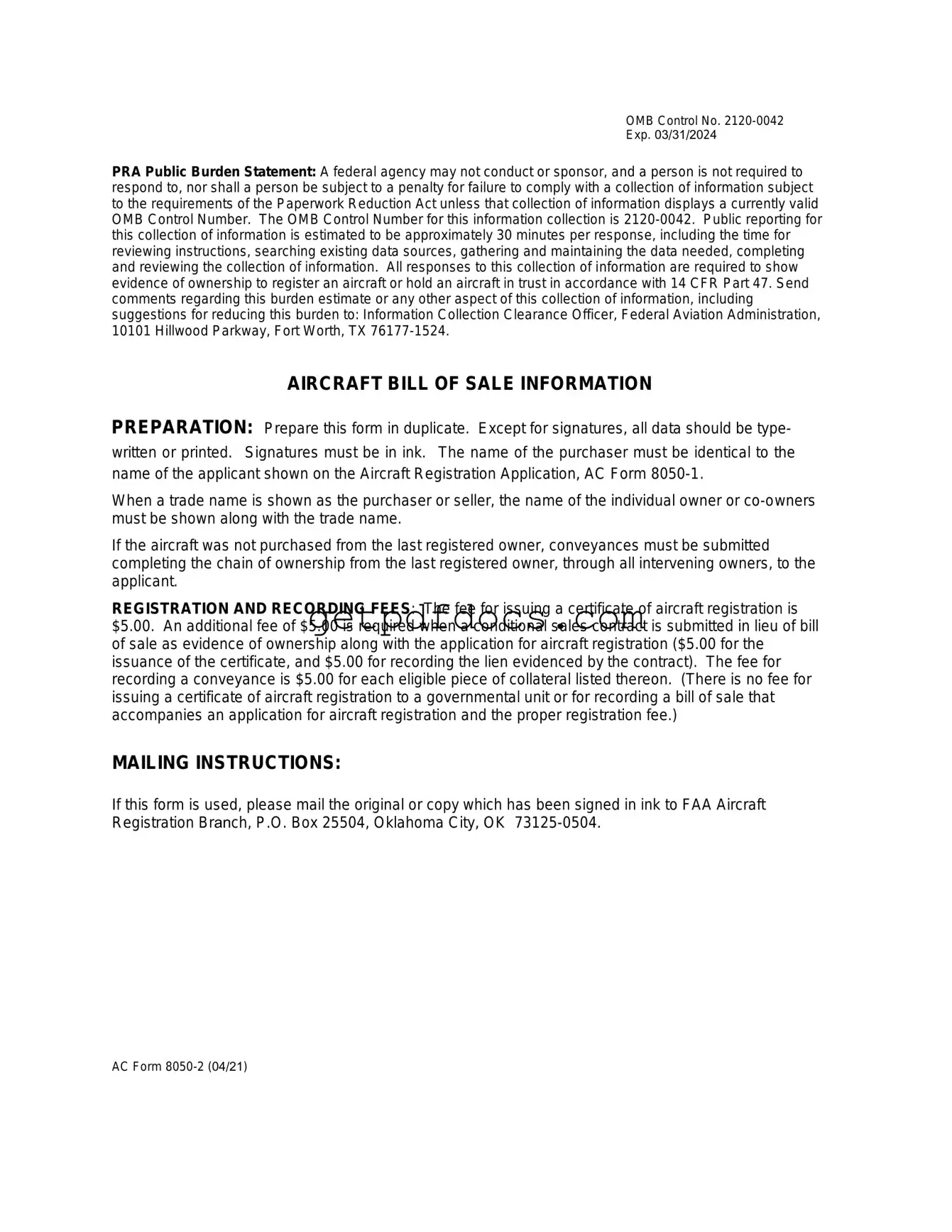 Fill in a Valid Aircraft Bill of Sale AC 8050-2 Template