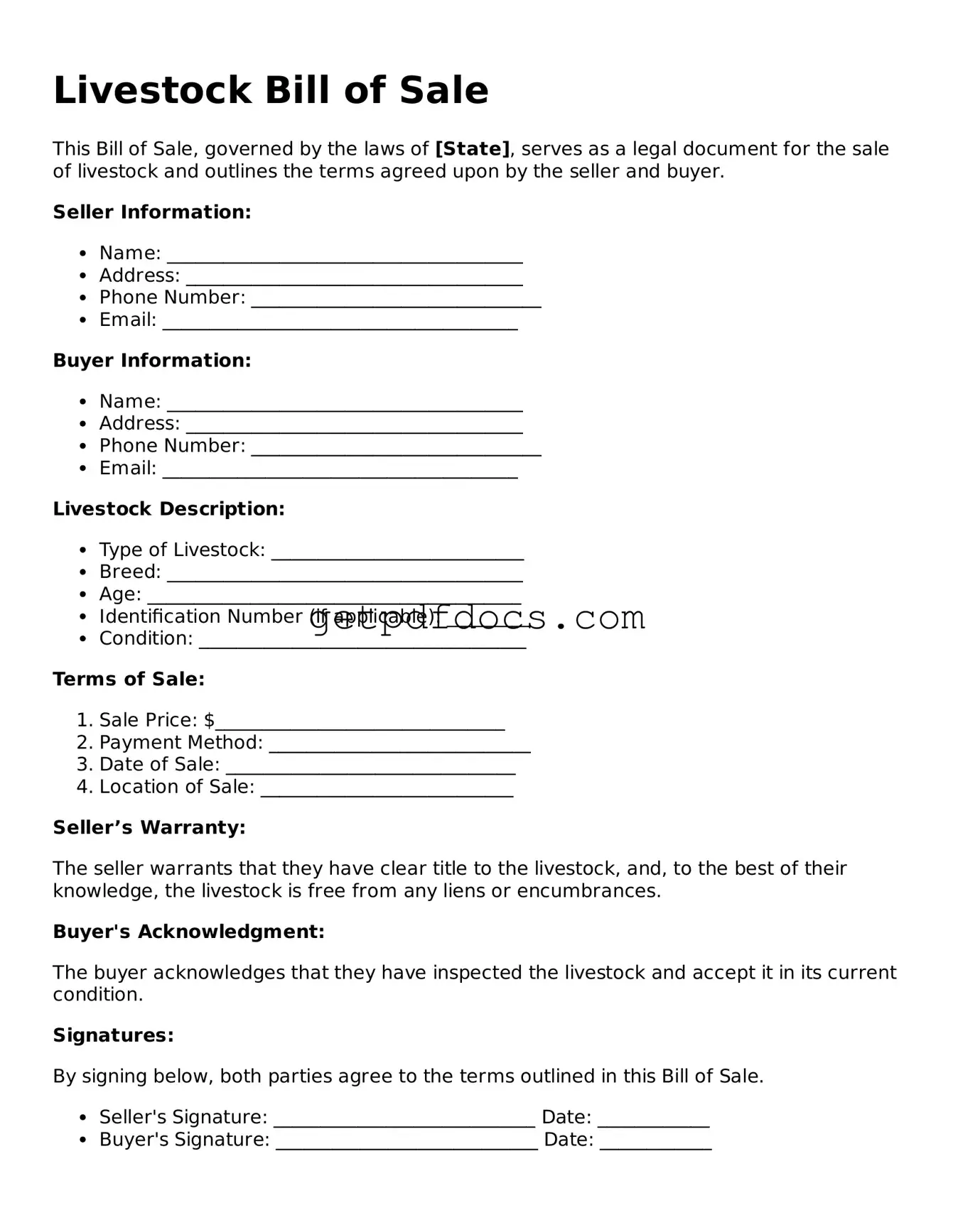 Printable Livestock Bill of Sale Template