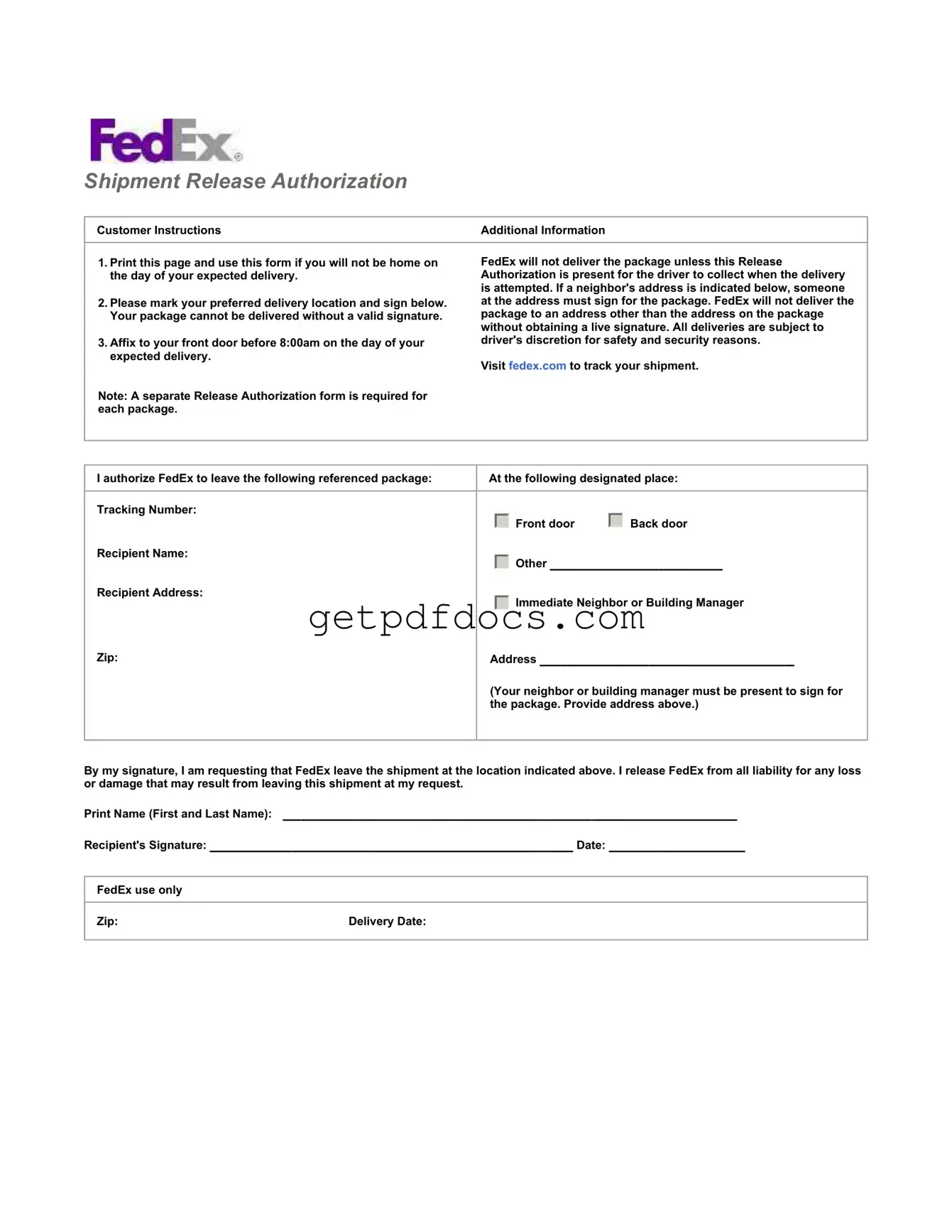 Fill in a Valid Fedex Release Template