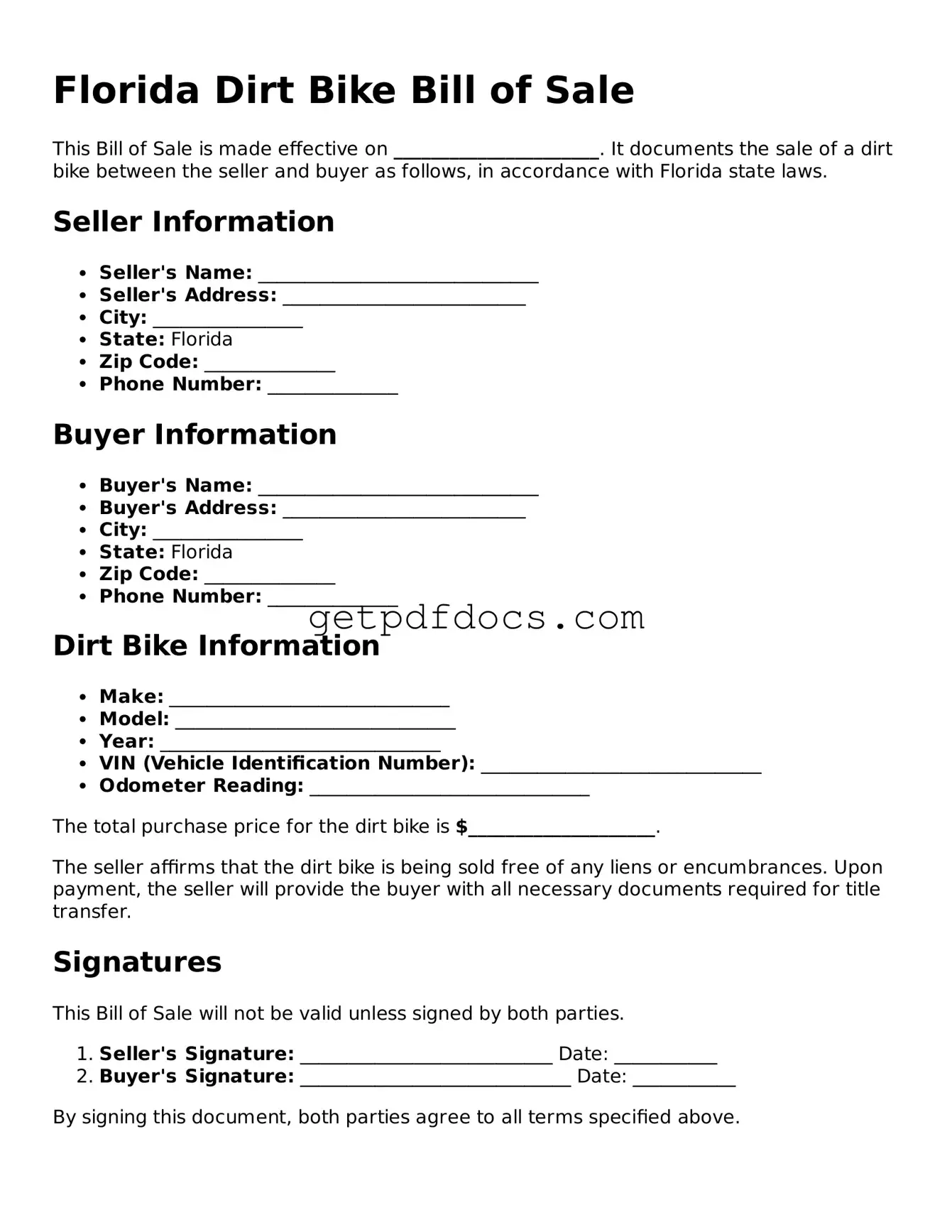 Attorney-Approved Dirt Bike Bill of Sale Form for Florida State