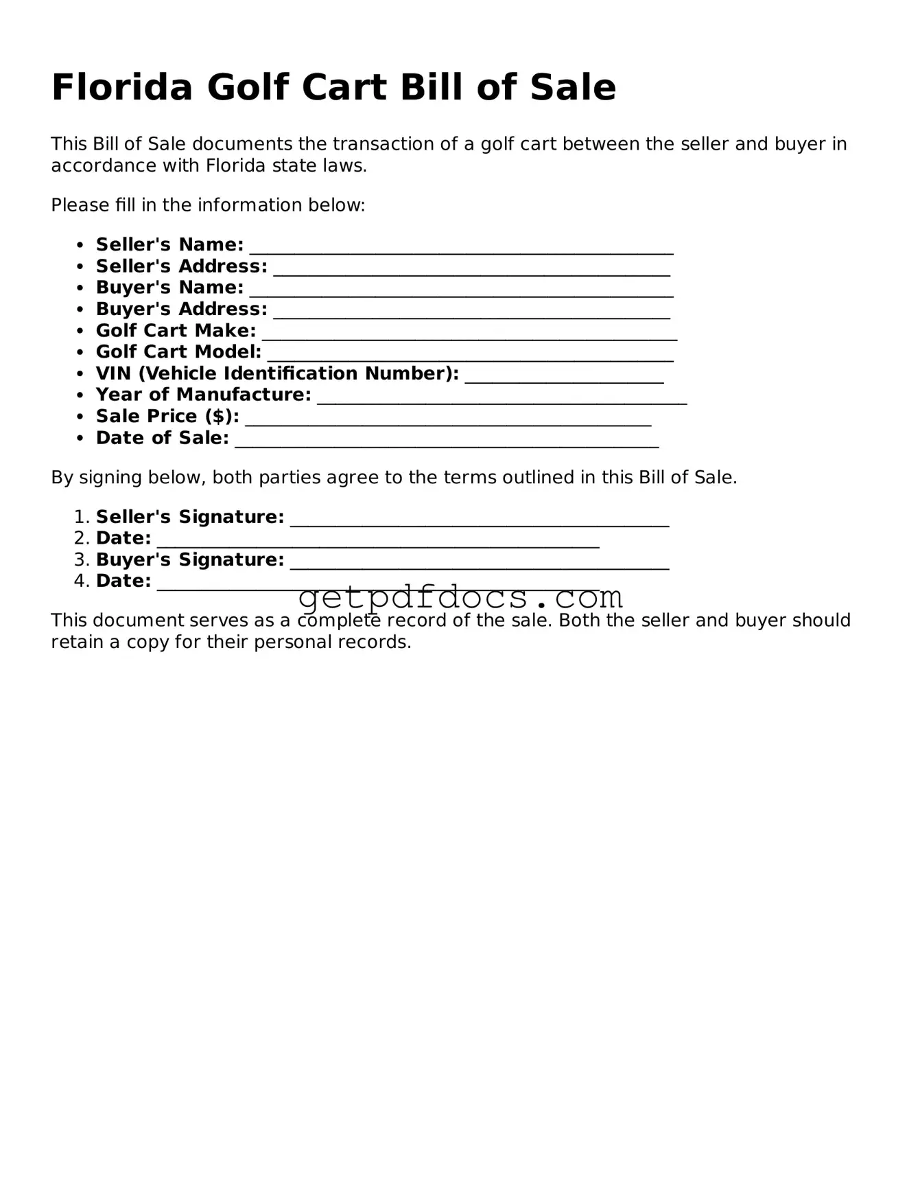 Attorney-Approved Golf Cart Bill of Sale Form for Florida State