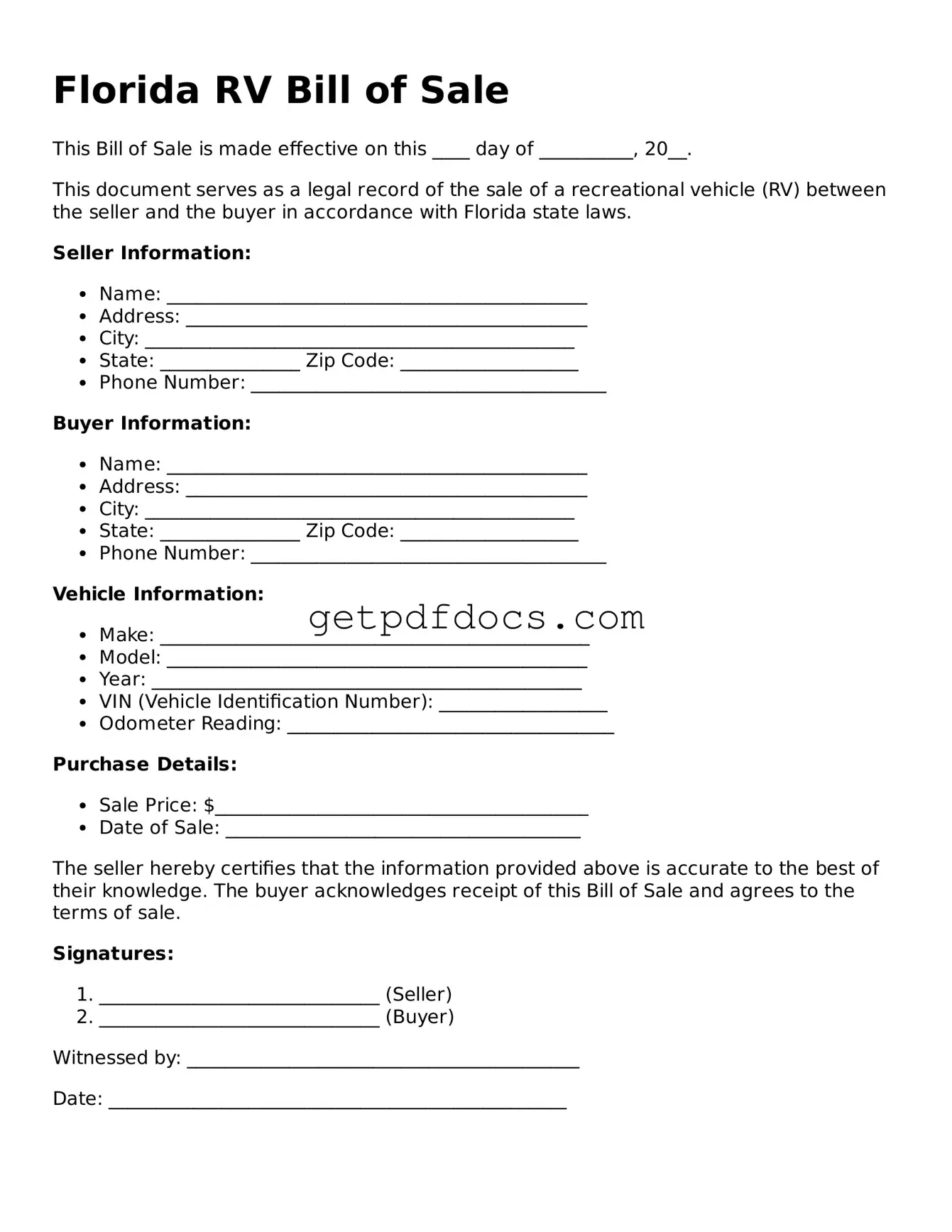 Attorney-Approved RV Bill of Sale Form for Florida State